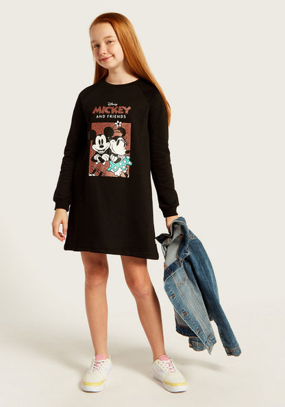 Disney Mickey and Minnie Print Round Neck T-shirt Dress with Long Sleeves