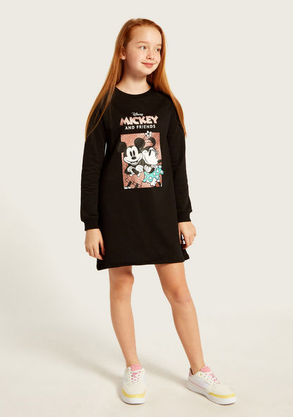 Disney Mickey and Minnie Print Round Neck T-shirt Dress with Long Sleeves
