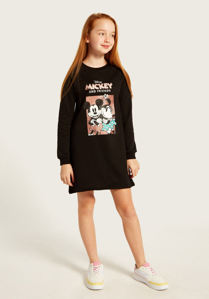 Disney Mickey and Minnie Print Round Neck T-shirt Dress with Long Sleeves-Dresses%2C Gowns and Frocks-image-1