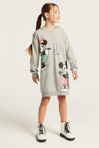 Disney Minnie Mouse Print Knit Dress with Long Sleeves and Hood