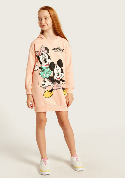 Disney Mickey and Minnie Print Hooded T-shirt Dress with Long Sleeves