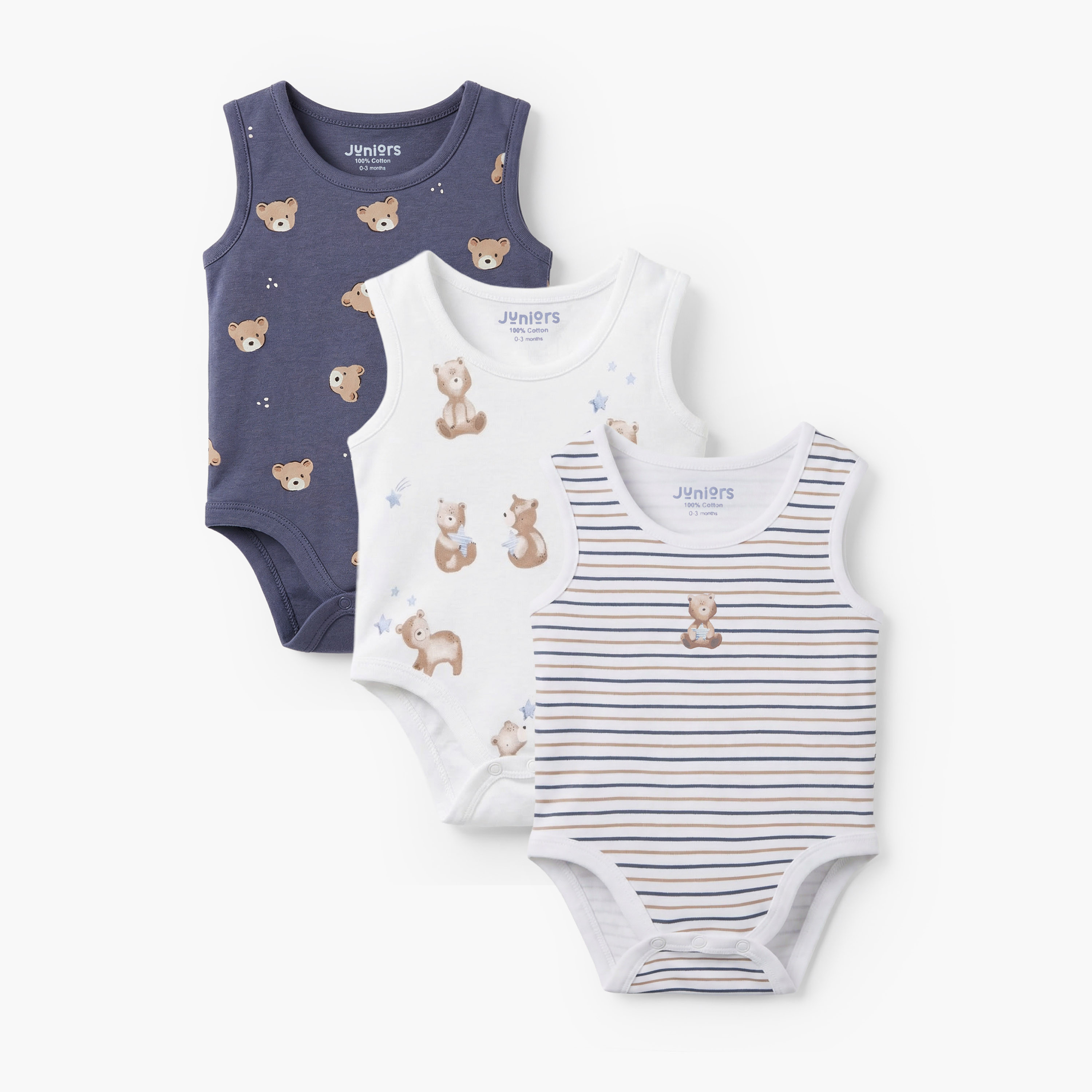 Pack of 3 Juniors Round Neck Sleeveless Bodysuit with Bear Print-baby-boys-clothing-bodysuits-image-1