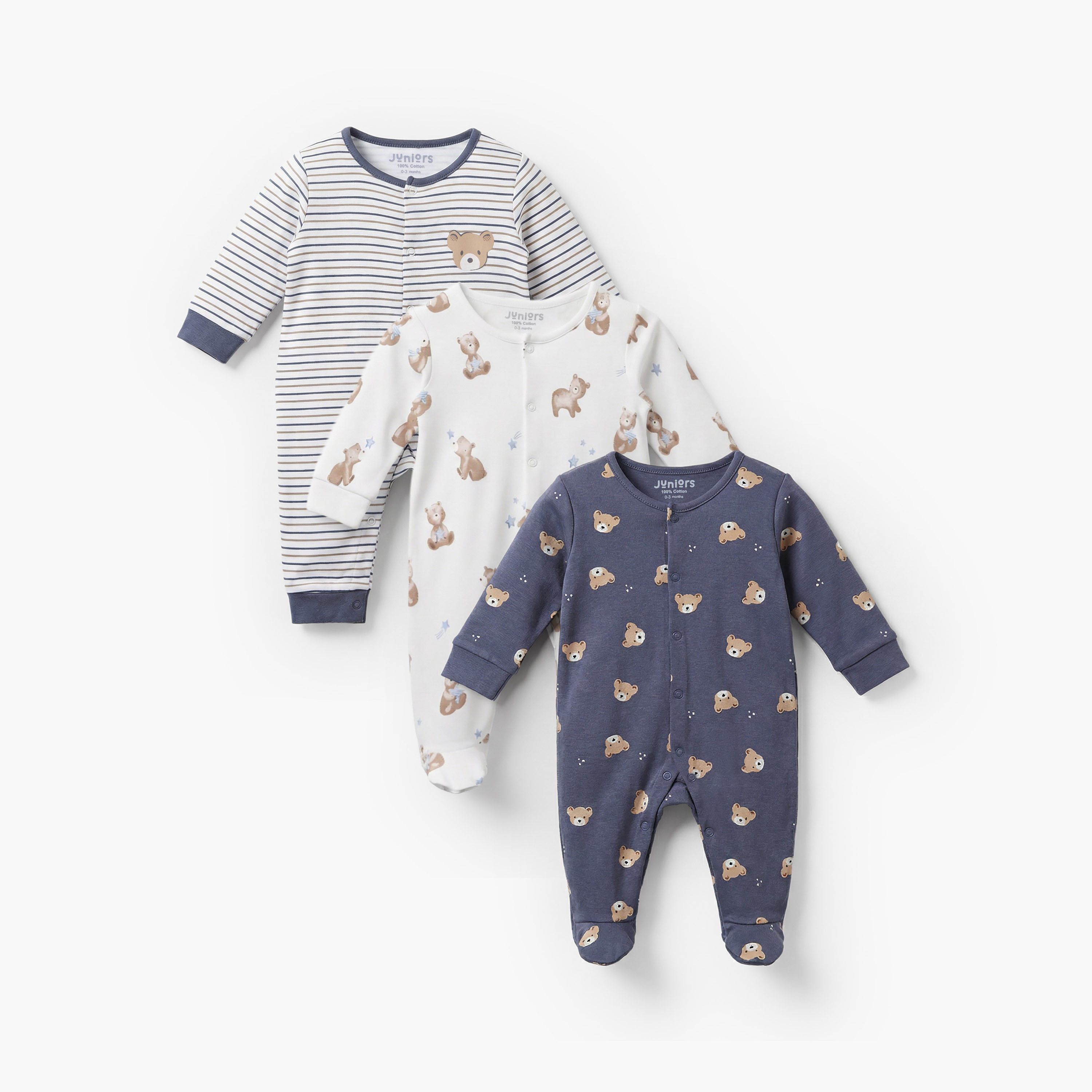 Pack of 3 Juniors Cotton Crew Neck Long Sleeves Sleepsuit with Bear Print-baby-boys-clothing-nightwear-sleepsuits-image-1