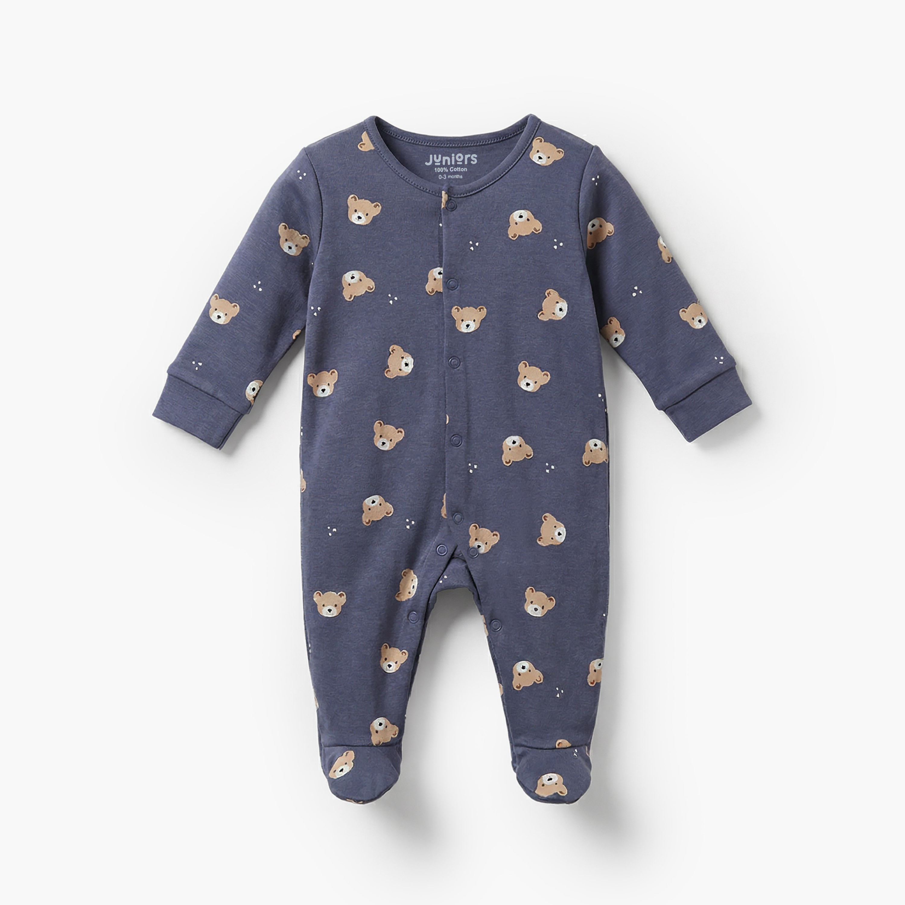 Pack of 3 Juniors Cotton Crew Neck Long Sleeves Sleepsuit with Bear Print-baby-boys-clothing-nightwear-sleepsuits-image-4
