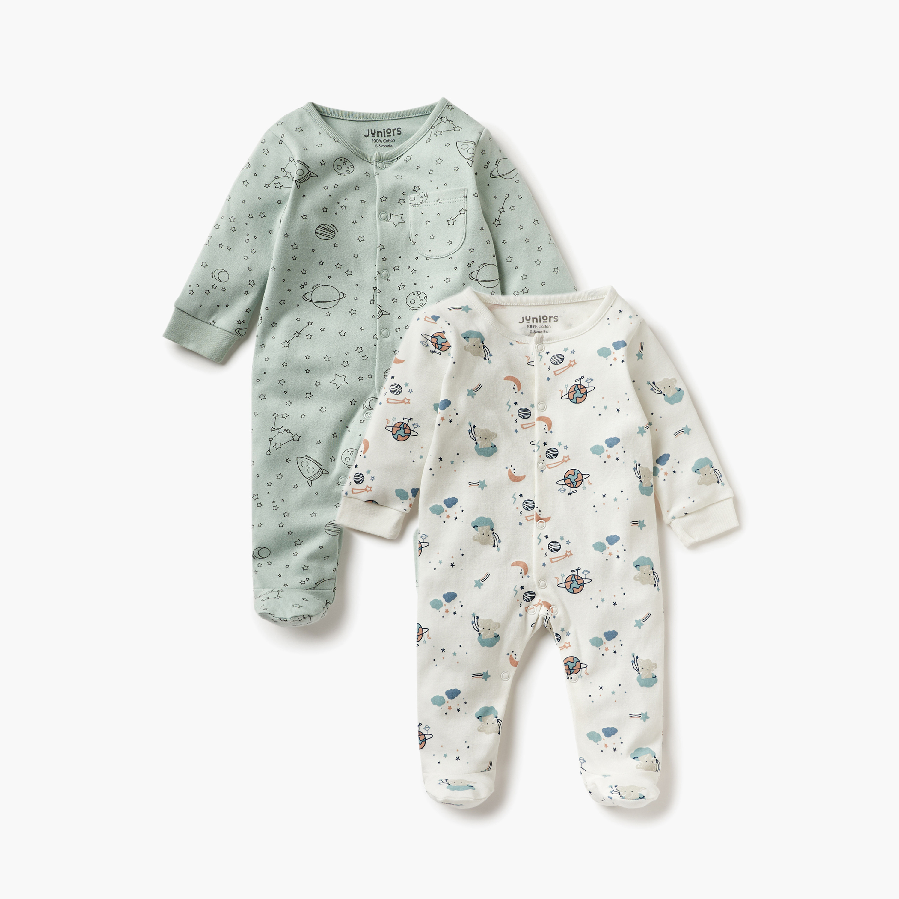 Juniors Space Print Closed Feet Sleepsuit with Long Sleeves - Set of 2-baby-boys-clothing-nightwear-sleepsuits-image-1
