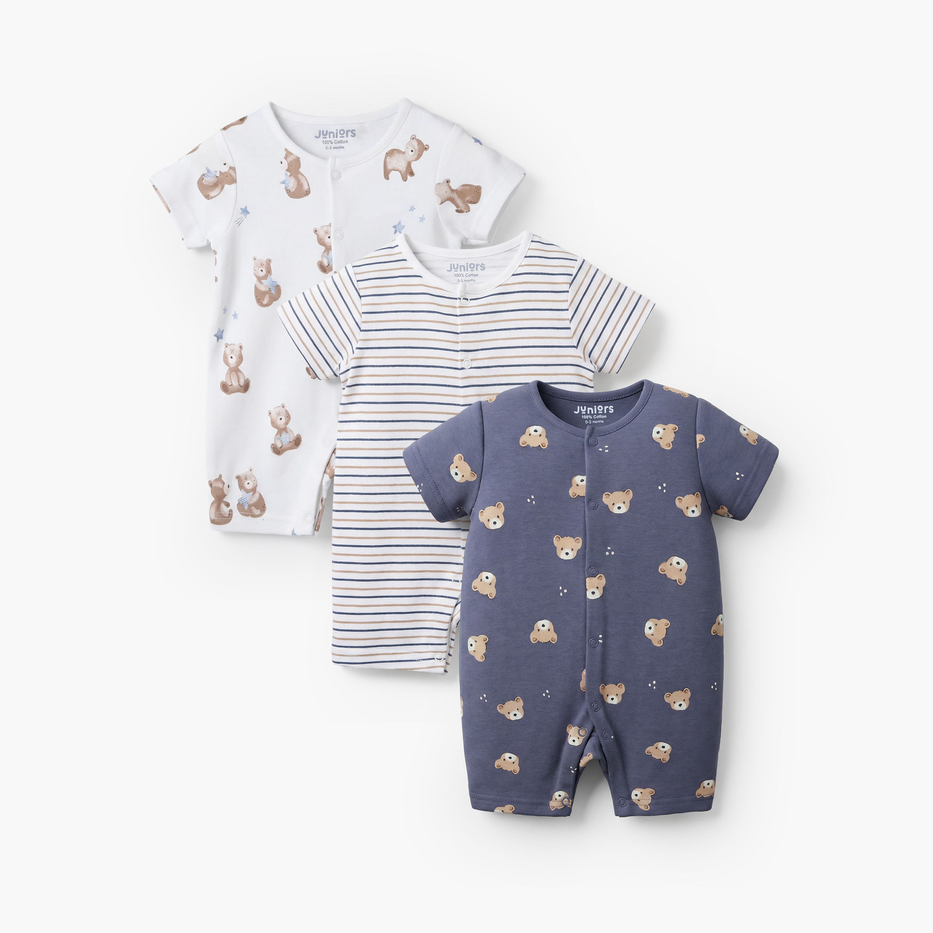 Pack of 3 Juniors Round Neck Short Sleeves Romper with Bear Print-baby-boys-clothing-rompers-image-1