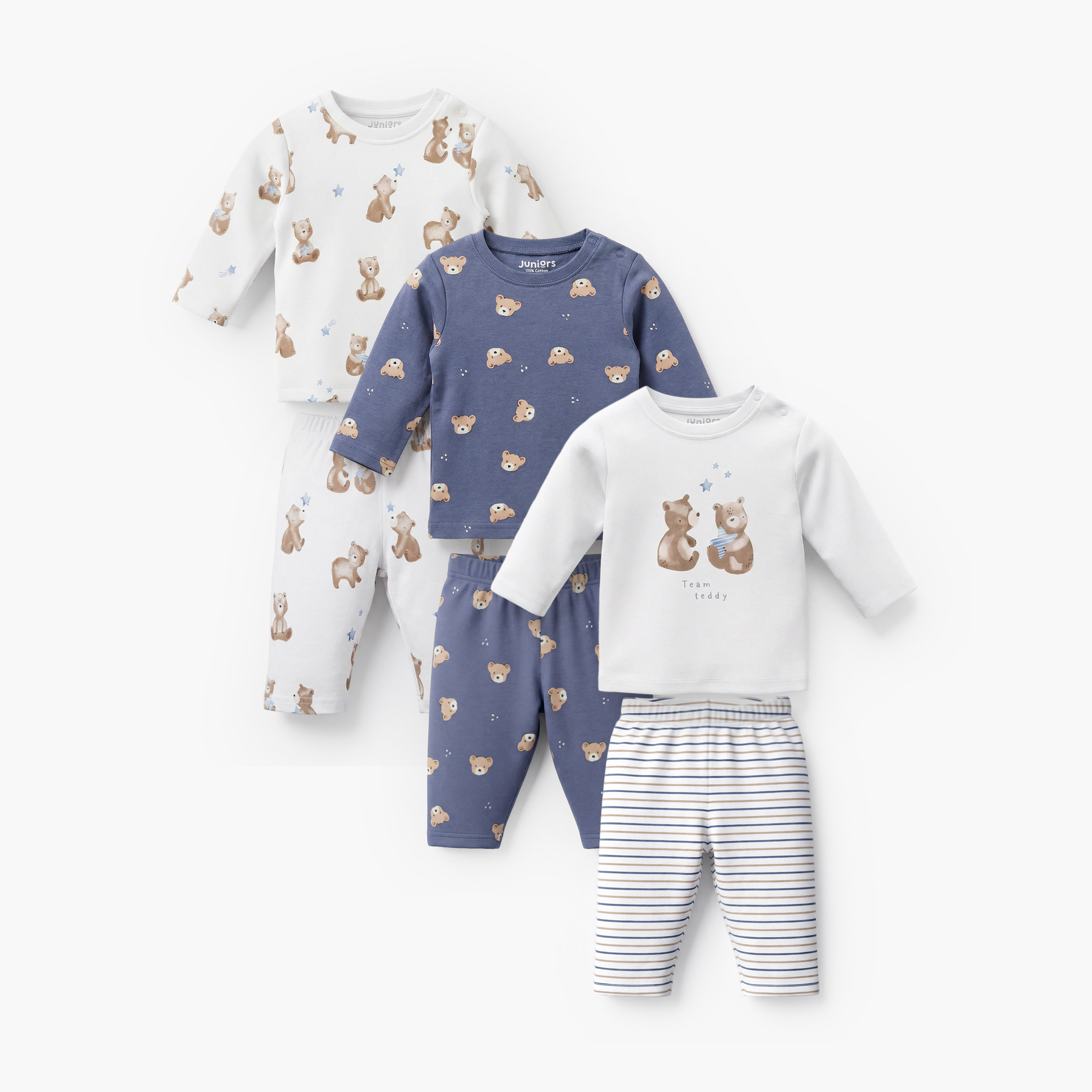 Pack of 3 Juniors Cotton Crew Neck Long Sleeves Pyjama Set with Bear Print-baby-boys-clothing-nightwear-pyjamasets-image-1