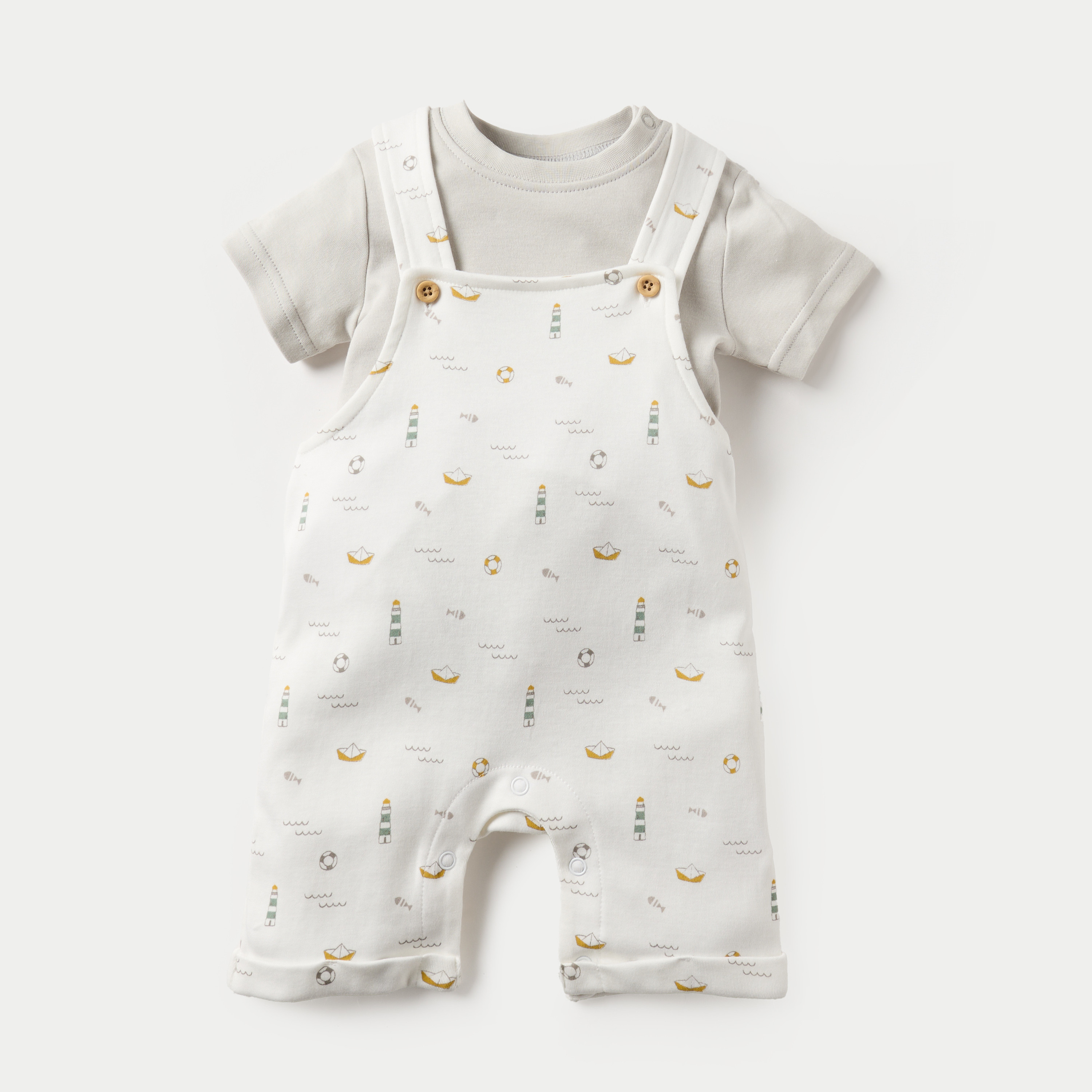 Juniors Solid Short Sleeves T-shirt and Printed Dungaree Set-baby-boys-clothing-rompers-image-1