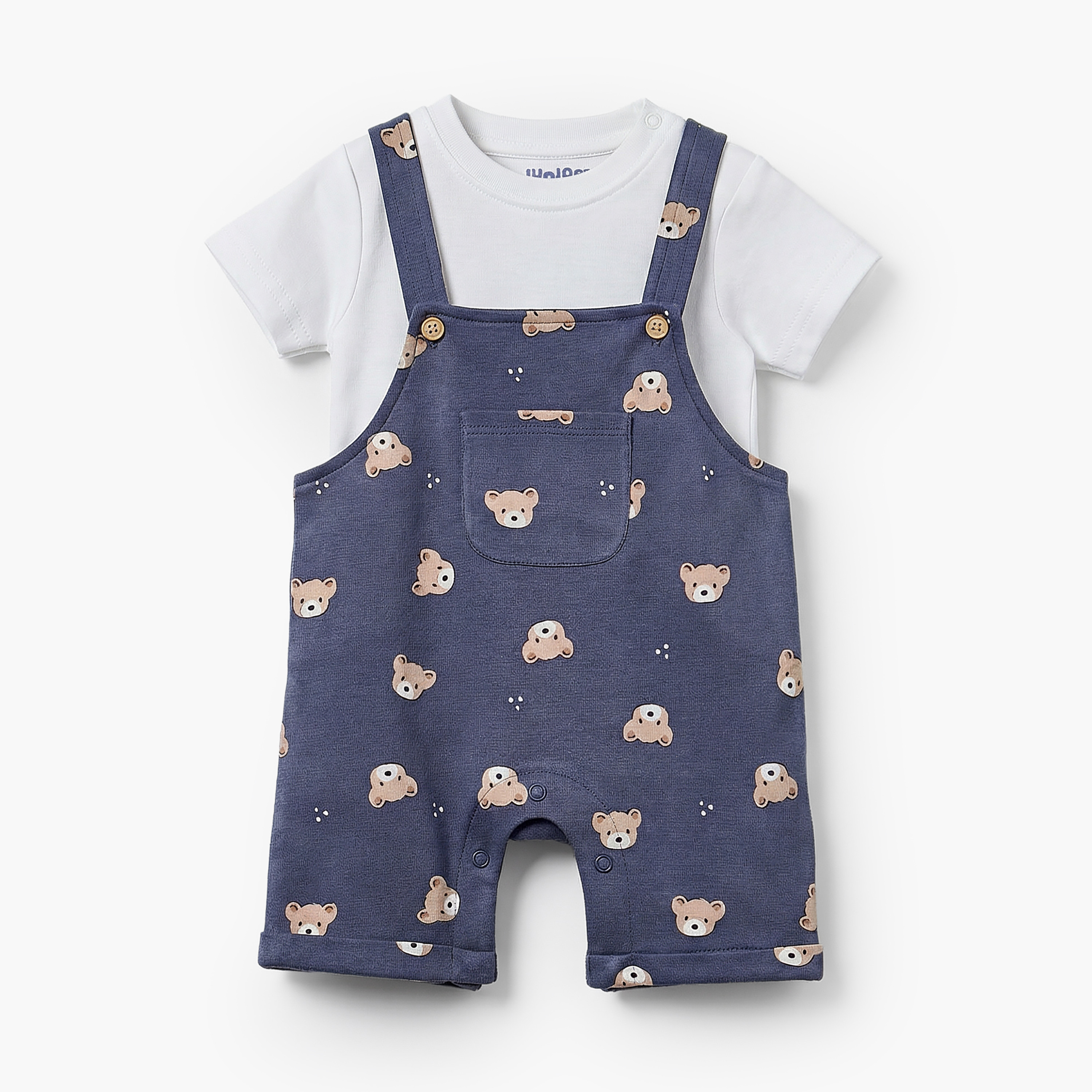 Juniors Round Neck Short Sleeves T-shirt and Dungaree Set with Bear Print-baby-boys-clothing-setsandcoords-image-1