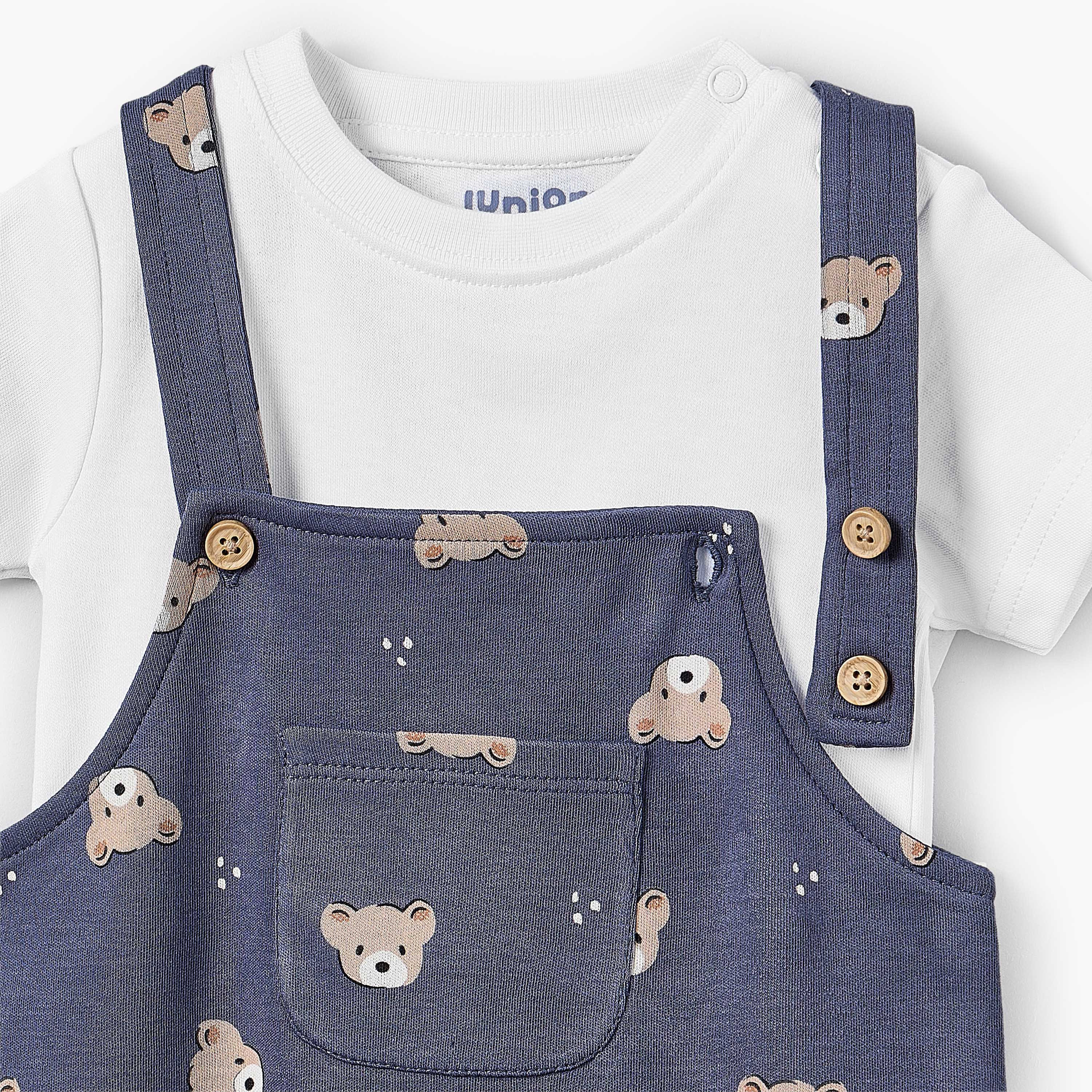 Juniors Round Neck Short Sleeves T-shirt and Dungaree Set with Bear Print-baby-boys-clothing-setsandcoords-image-4