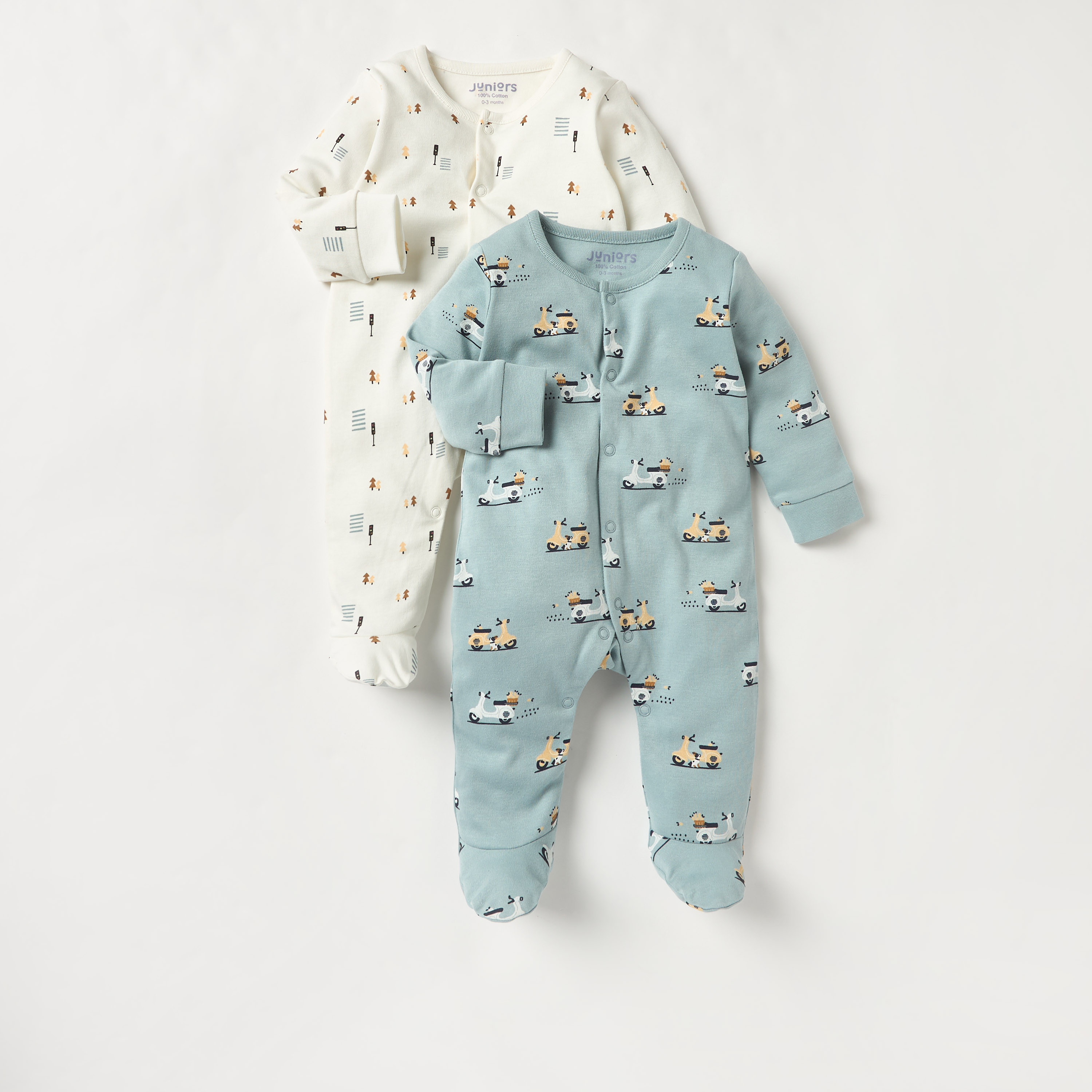 Juniors Printed Sleepsuit with Long Sleeves and Button Closure - Set of 2-baby-boys-clothing-nightwear-sleepsuits-image-1