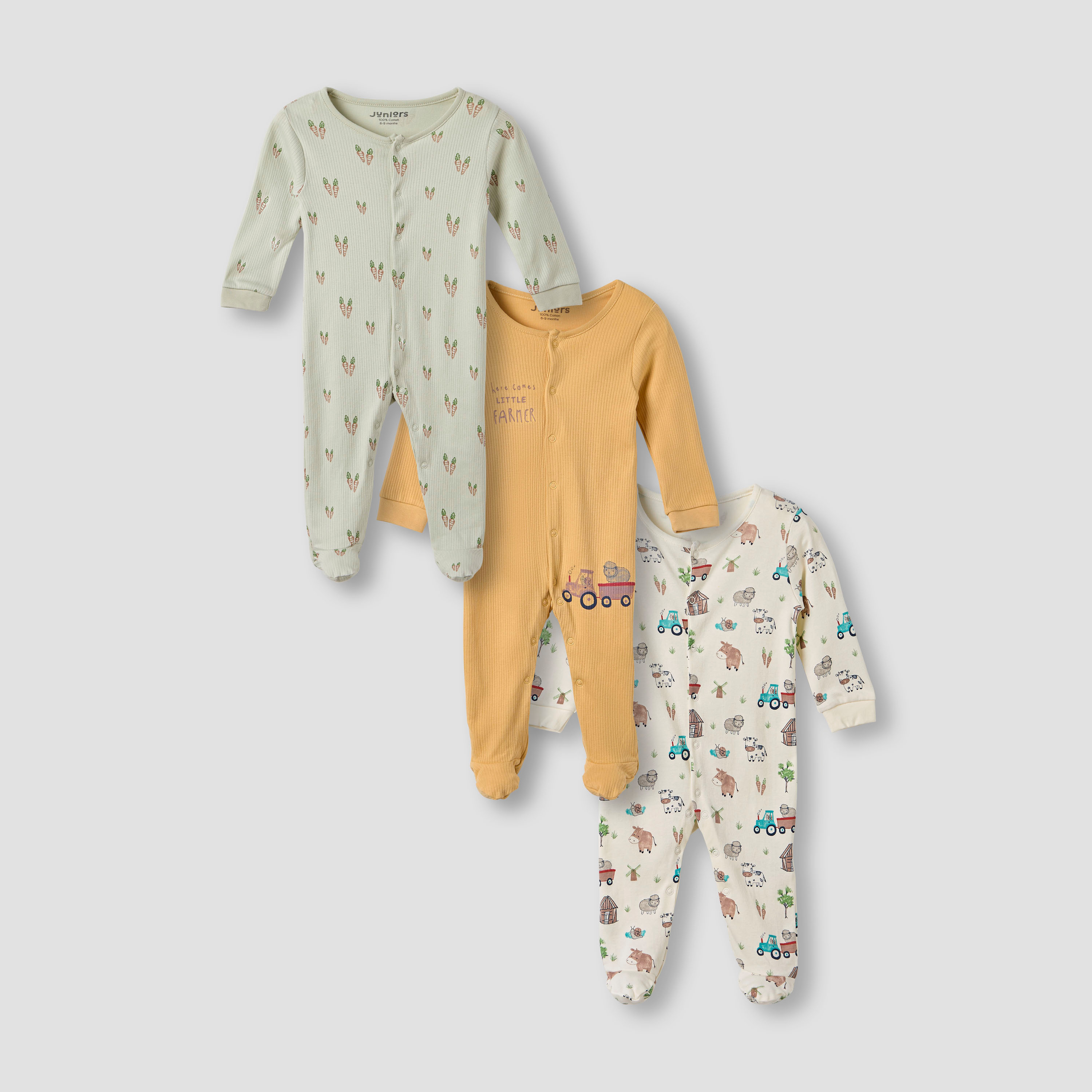 بدلات نوم بطبعات مزرعة وأكمام طويلة من جونيورز - طقم 3 قطع-baby-boys-clothing-nightwear-sleepsuits-image-1
