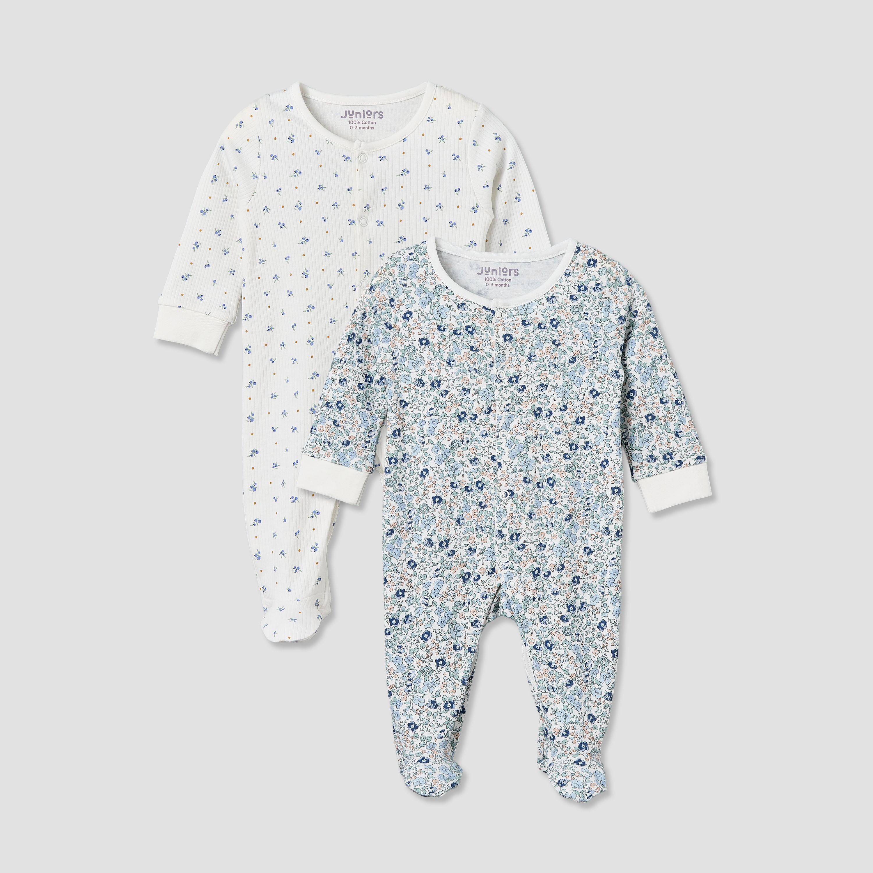 Pack of 2 Juniors Cotton Round Neck Long Sleeve Sleepsuit with Floral Print-baby-girls-clothing-nightwear-sleepsuits-image-1