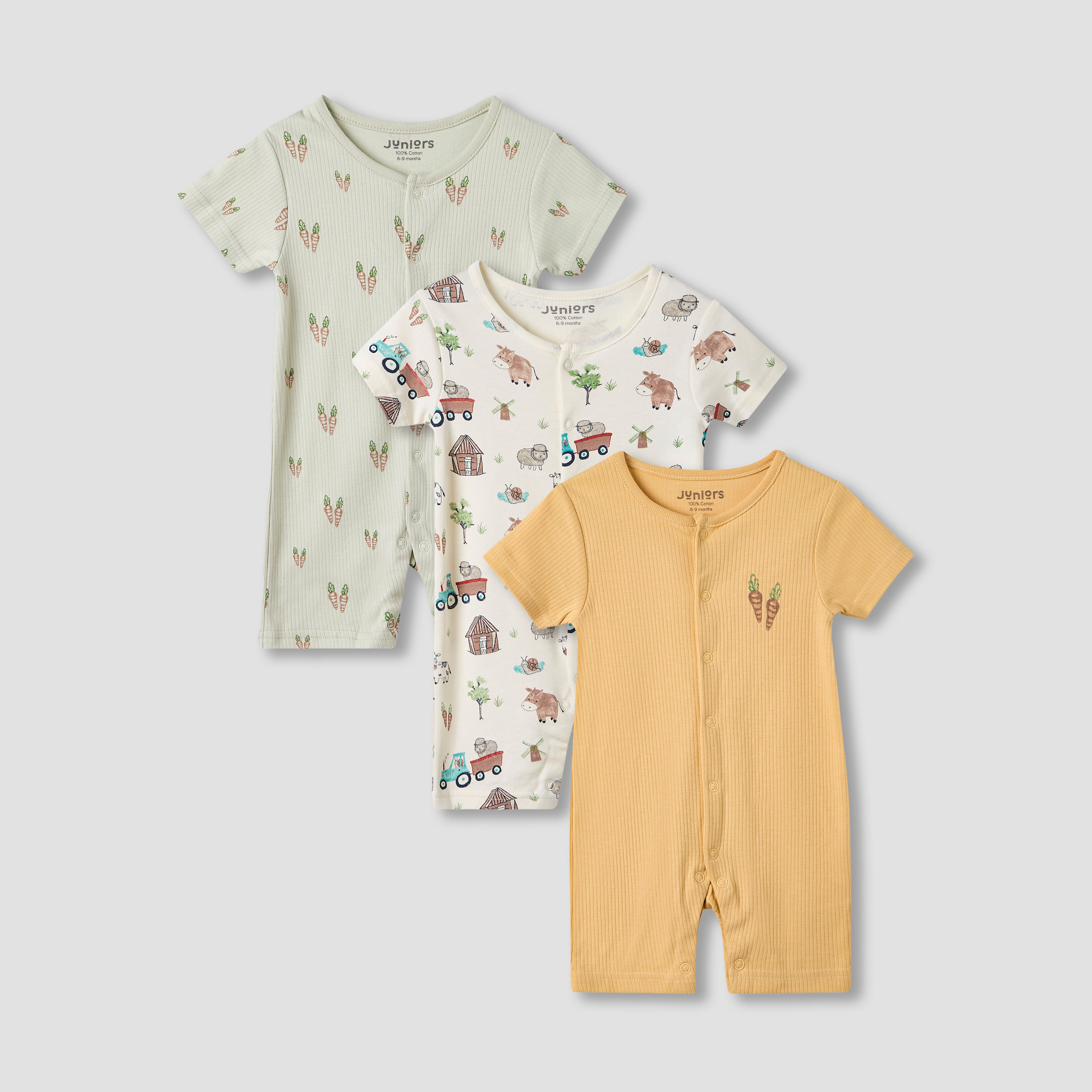 Juniors Farm Print Romper with Short Sleeves - Set of 3-baby-boys-clothing-multipacks-image-1