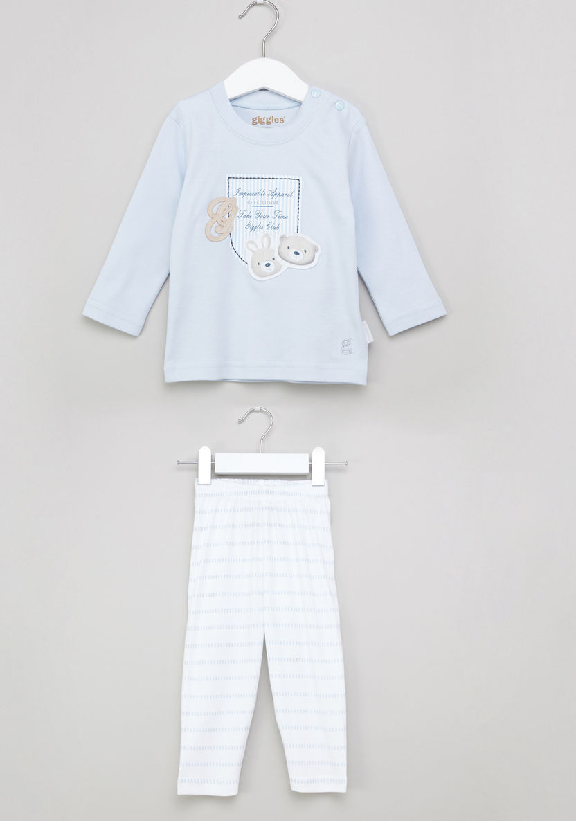 Giggles Long Sleeves T-shirt and Striped Pyjama Set-Pyjama Sets-image-0
