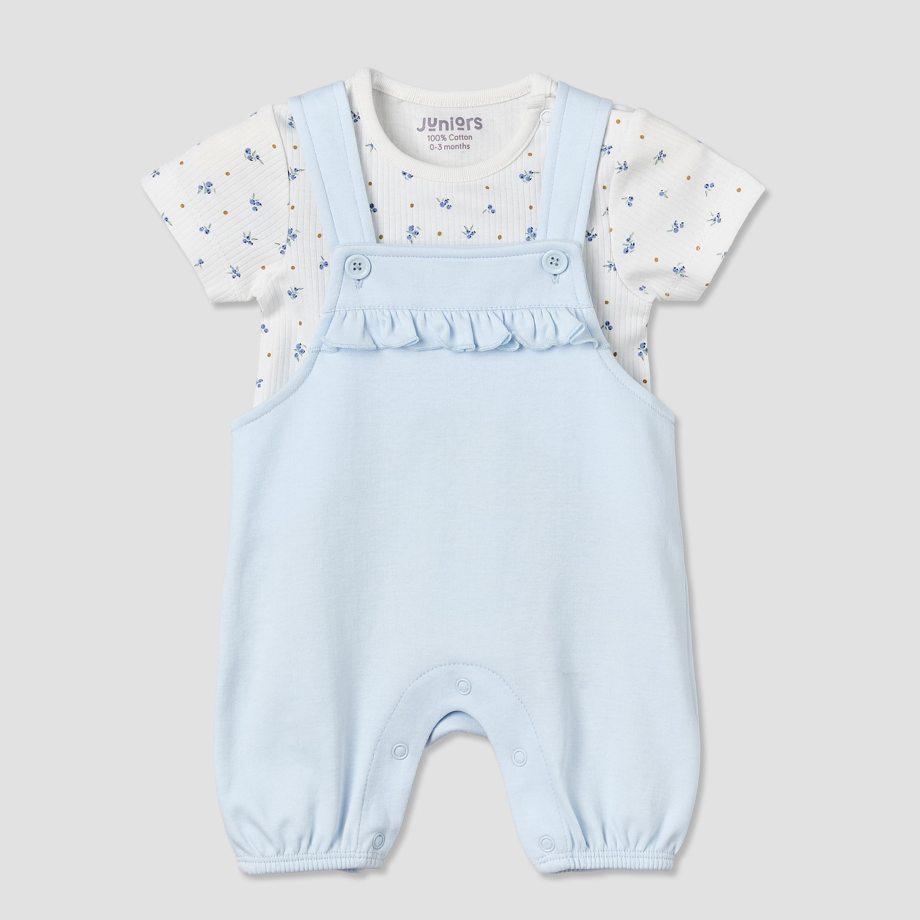Juniors Round Neck Short Sleeve T-shirt and Dungaree Set with Blueberry Print-baby-girls-clothing-setsandcoords-image-1