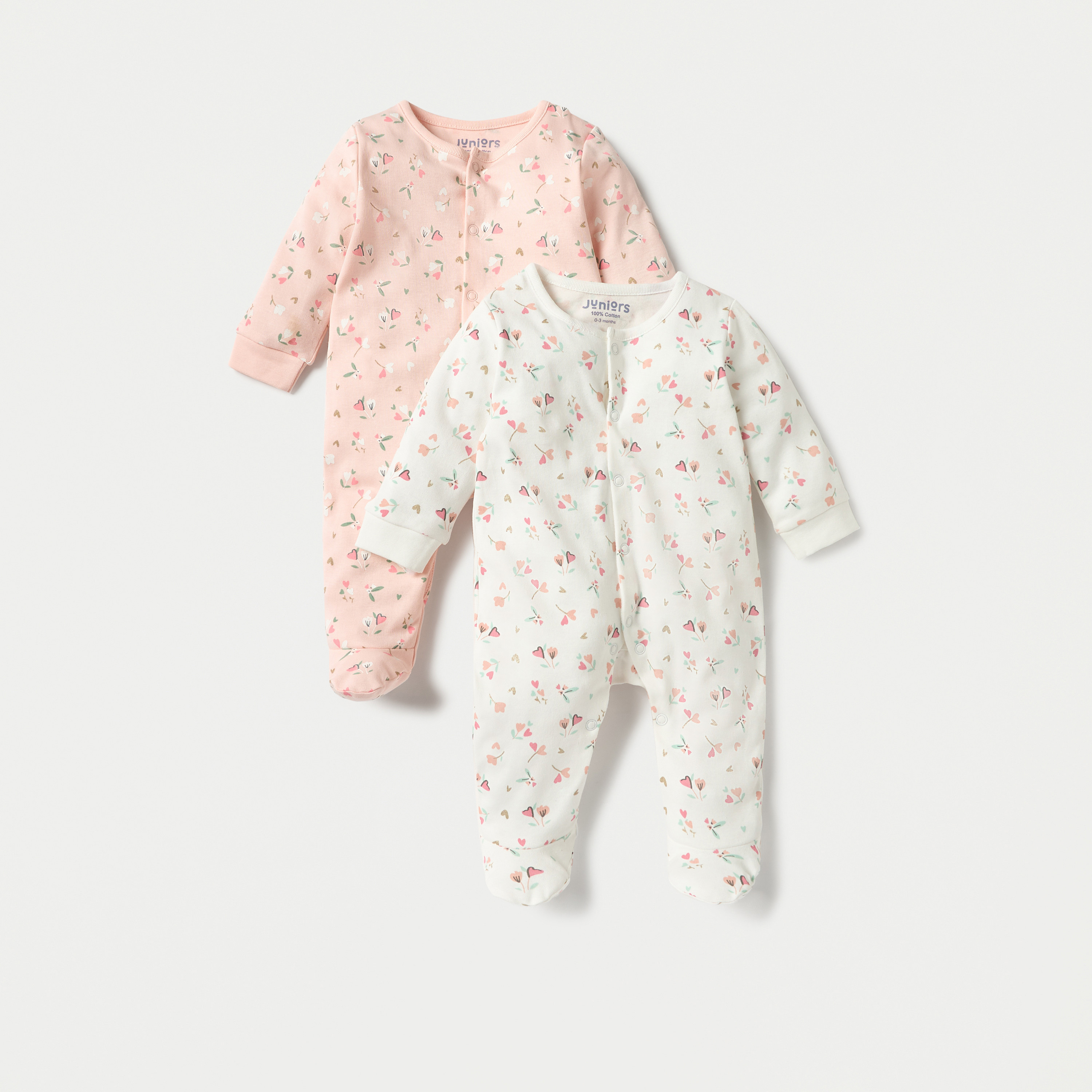 Juniors Floral Print Closed Foot Sleepsuit with Long Sleeves - Set of 2-baby-girls-clothing-nightwear-sleepsuits-image-1