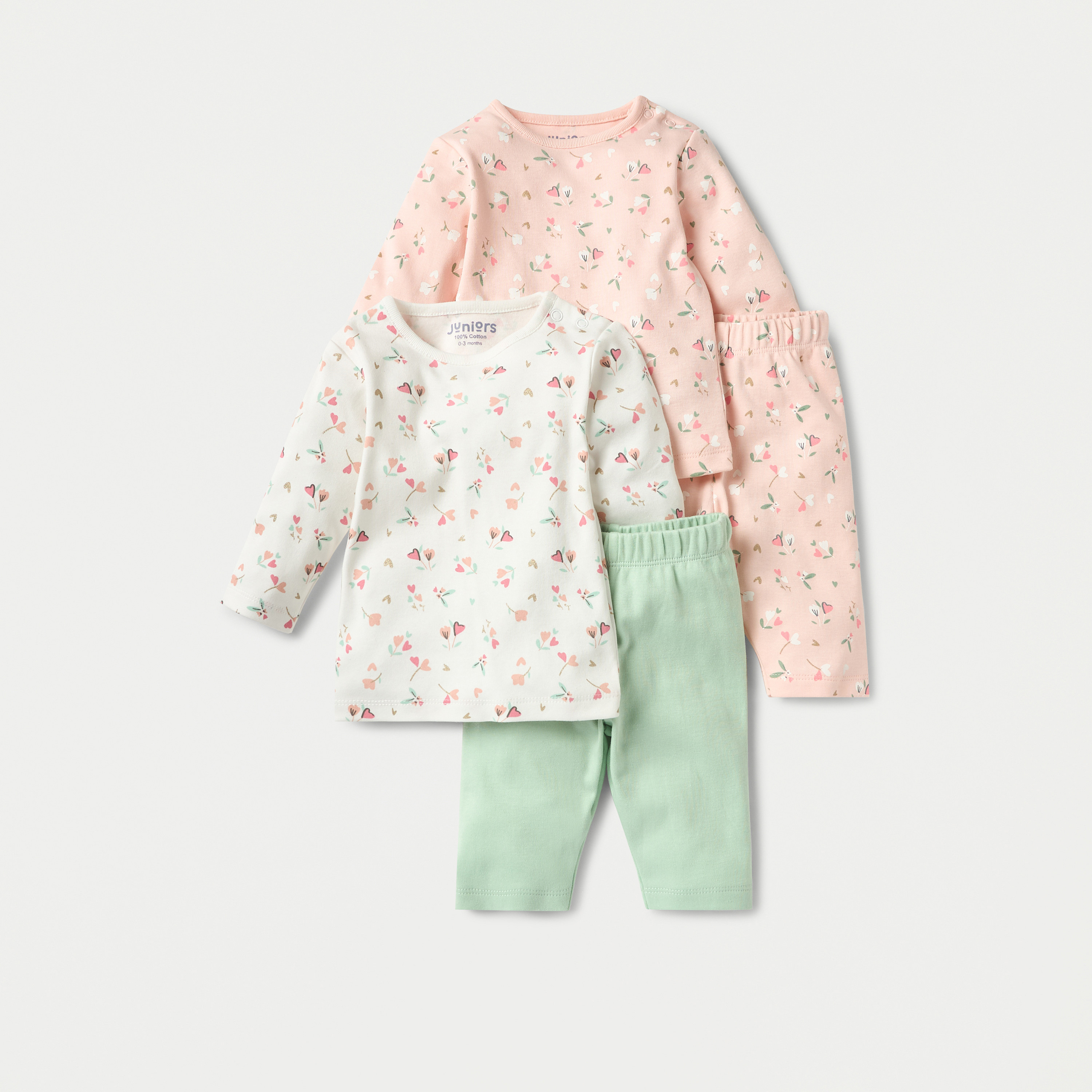 Juniors Floral Print Long Sleeve T-shirt and Elasticated Pyjama Set - Set of 2-baby-girls-clothing-nightwear-pyjamasets-image-1
