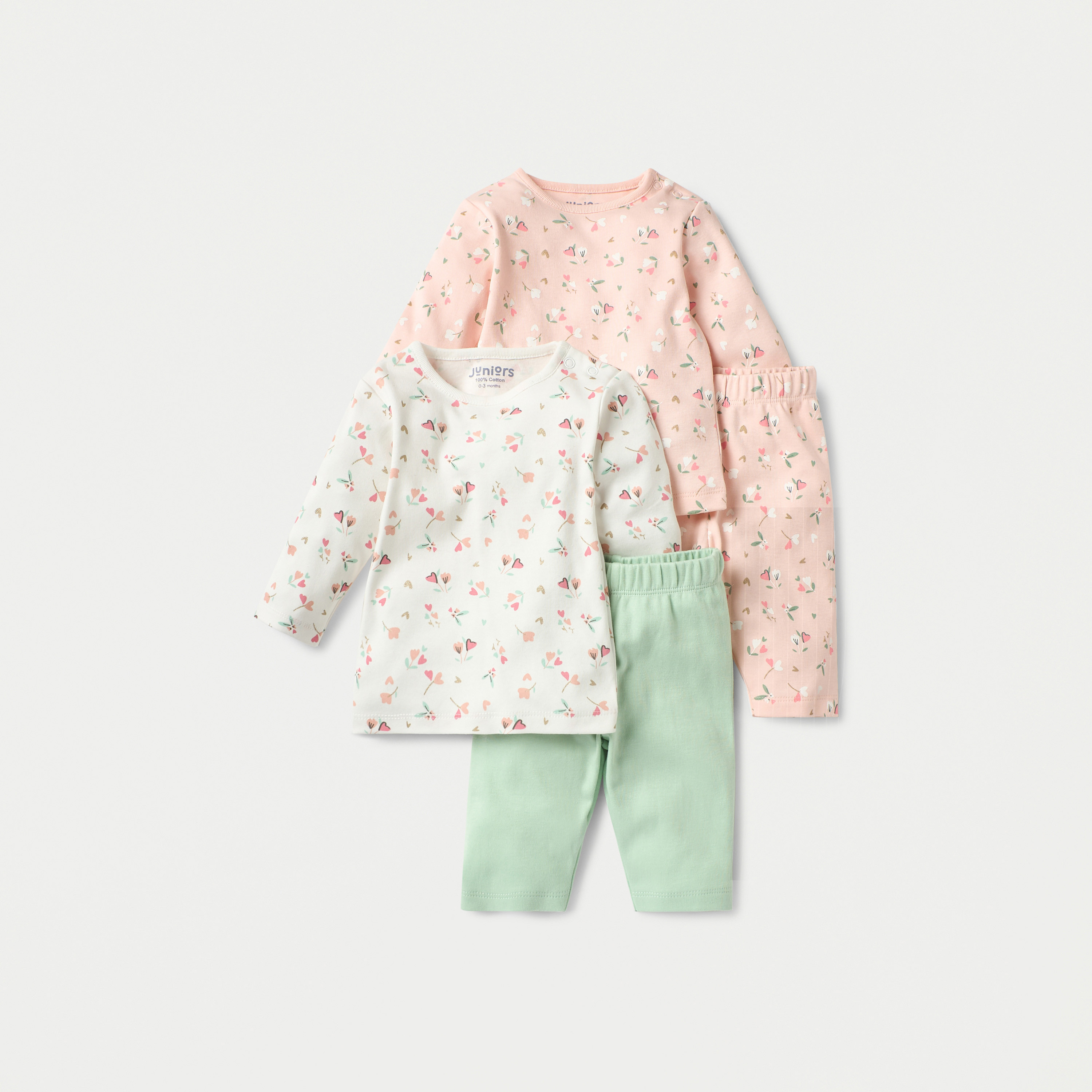 Juniors Floral Print Long Sleeve T-shirt and Elasticated Pyjama Set - Set of 2-baby-girls-clothing-nightwear-pyjamasets-image-2