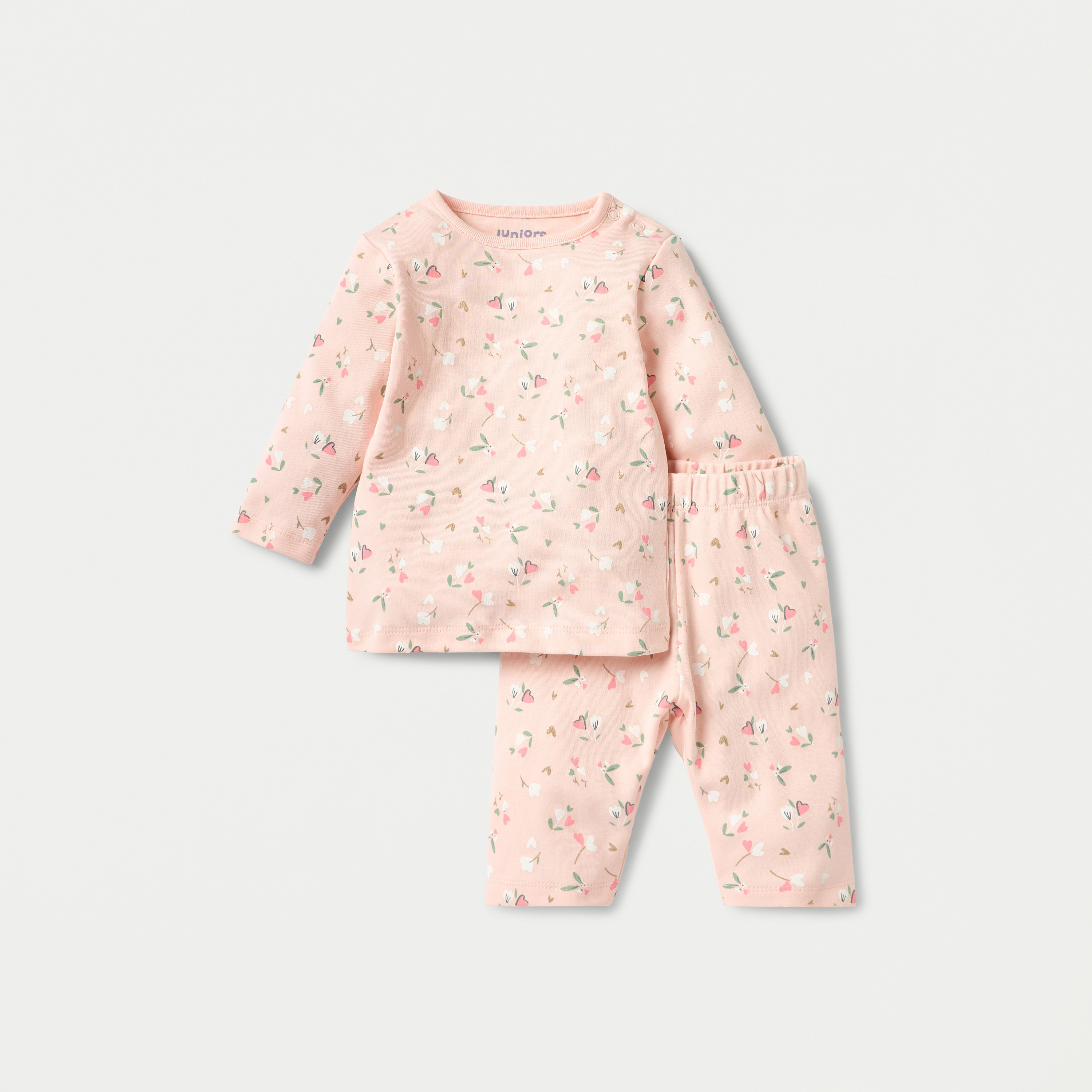 Juniors Floral Print Long Sleeve T-shirt and Elasticated Pyjama Set - Set of 2-baby-girls-clothing-nightwear-pyjamasets-image-3