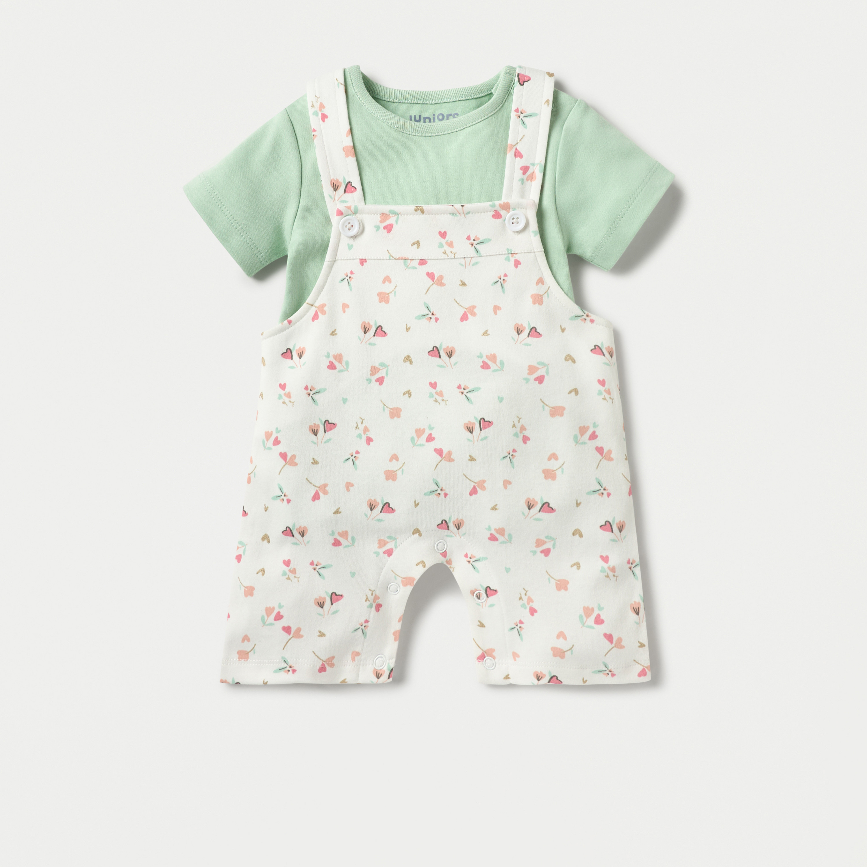 Juniors Floral Print Dungaree and Solid T-shirt Set-baby-girls-clothing-rompers-image-1