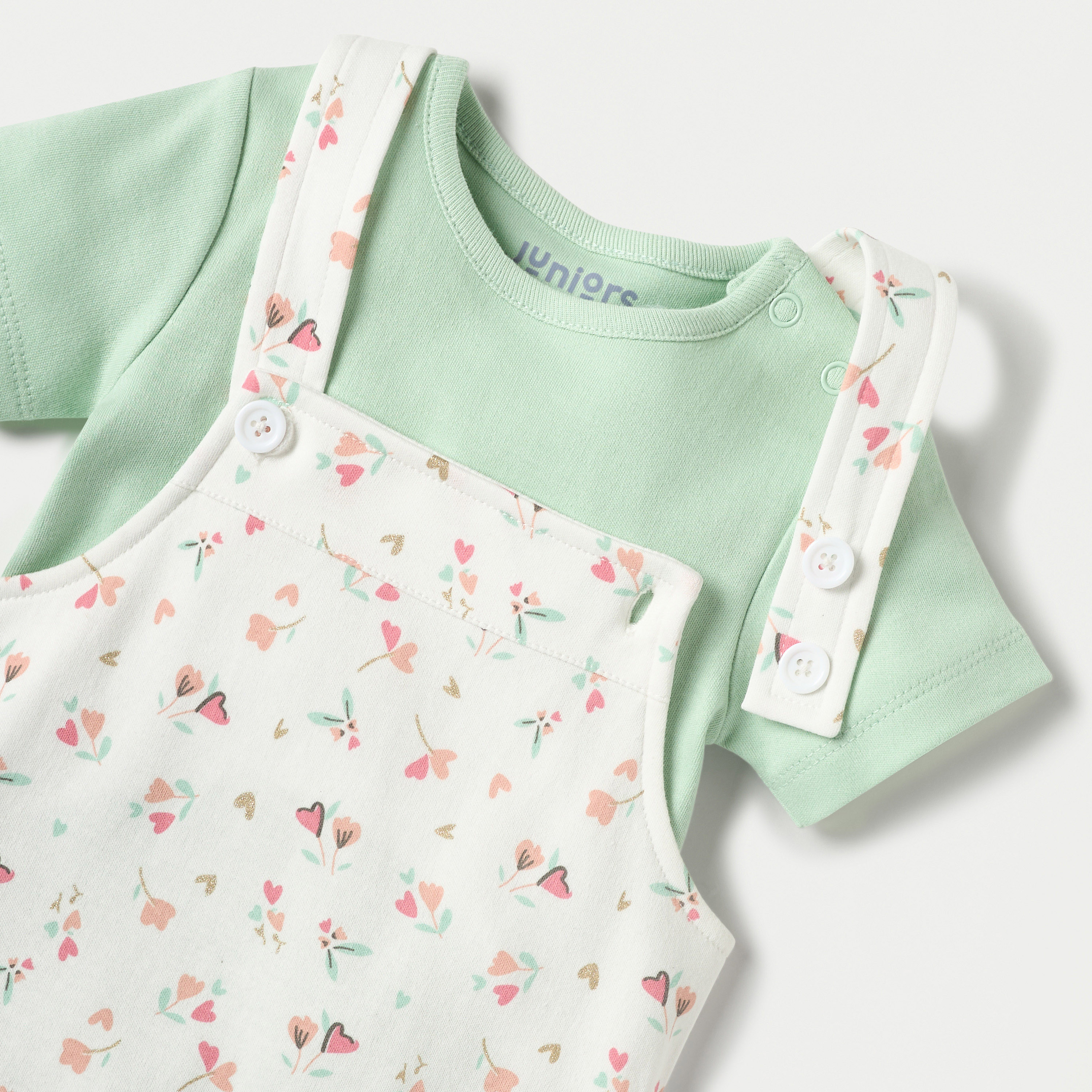 Juniors Floral Print Dungaree and Solid T-shirt Set-baby-girls-clothing-rompers-image-4