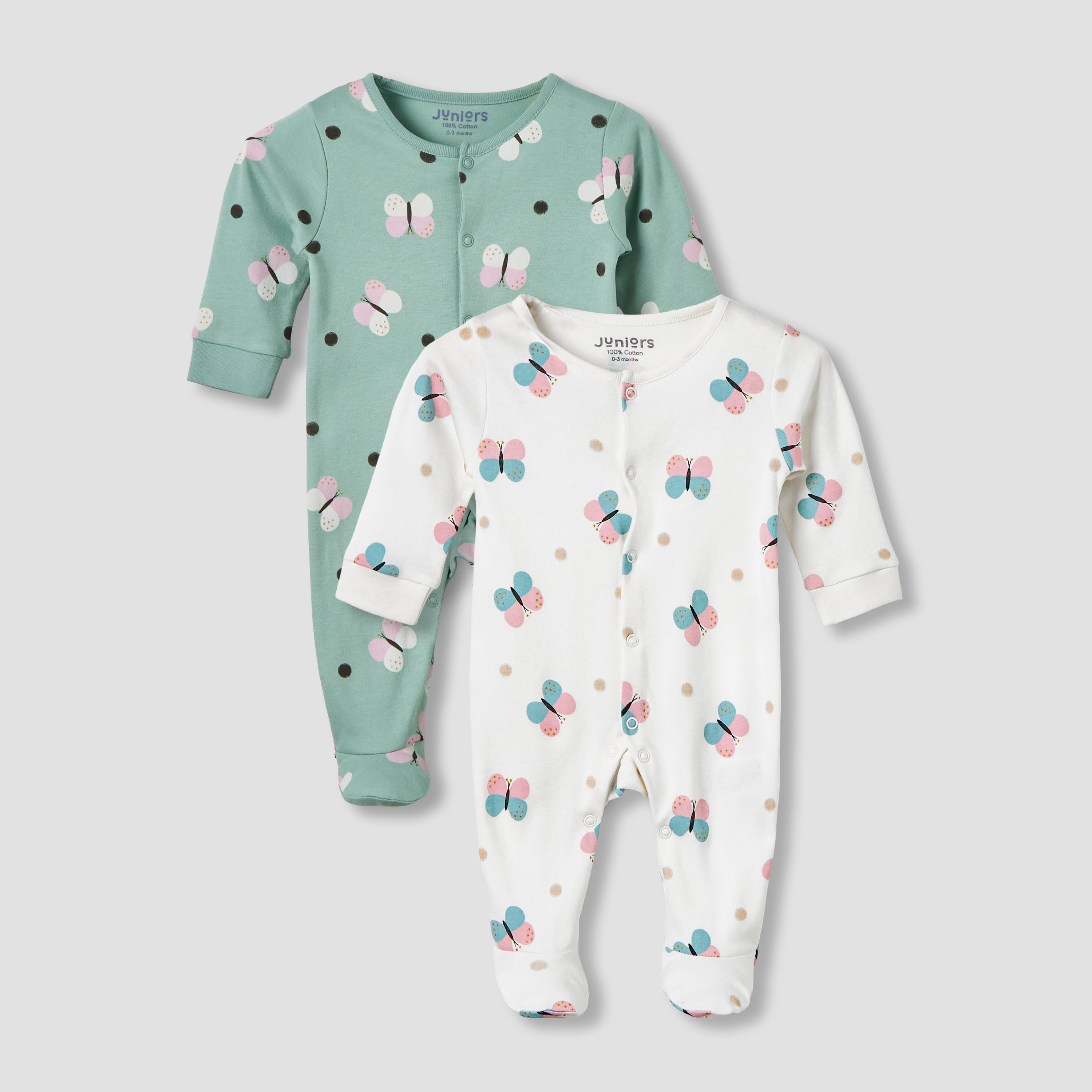 Pack of 2 Juniors Cotton Round Neck Long Sleeves Sleepsuit with Butterfly Print-baby-girls-clothing-nightwear-sleepsuits-image-1