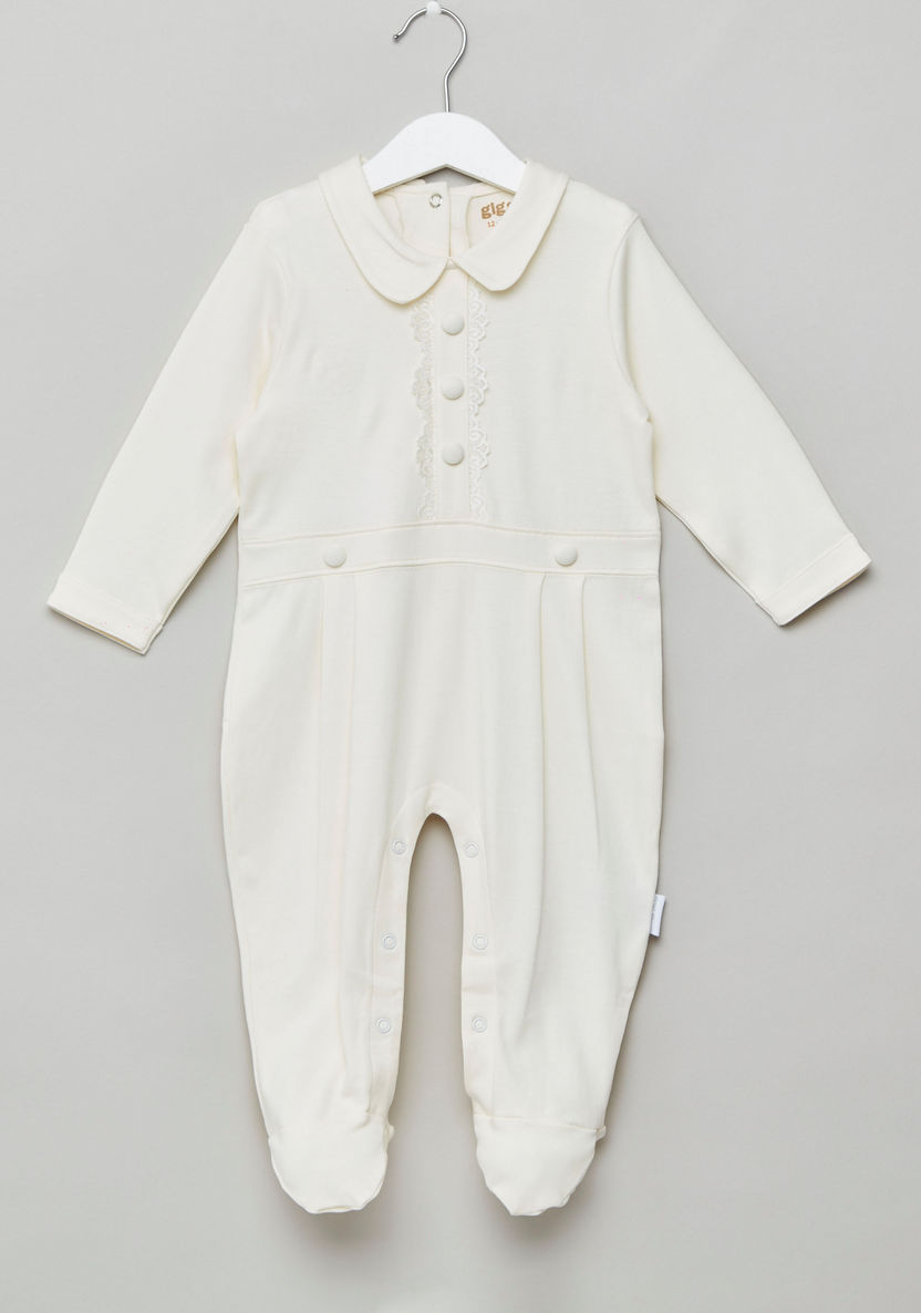 Giggles Solid Collared Sleepsuit with Long Sleeves and Lace Detail-Sleepsuits-image-0