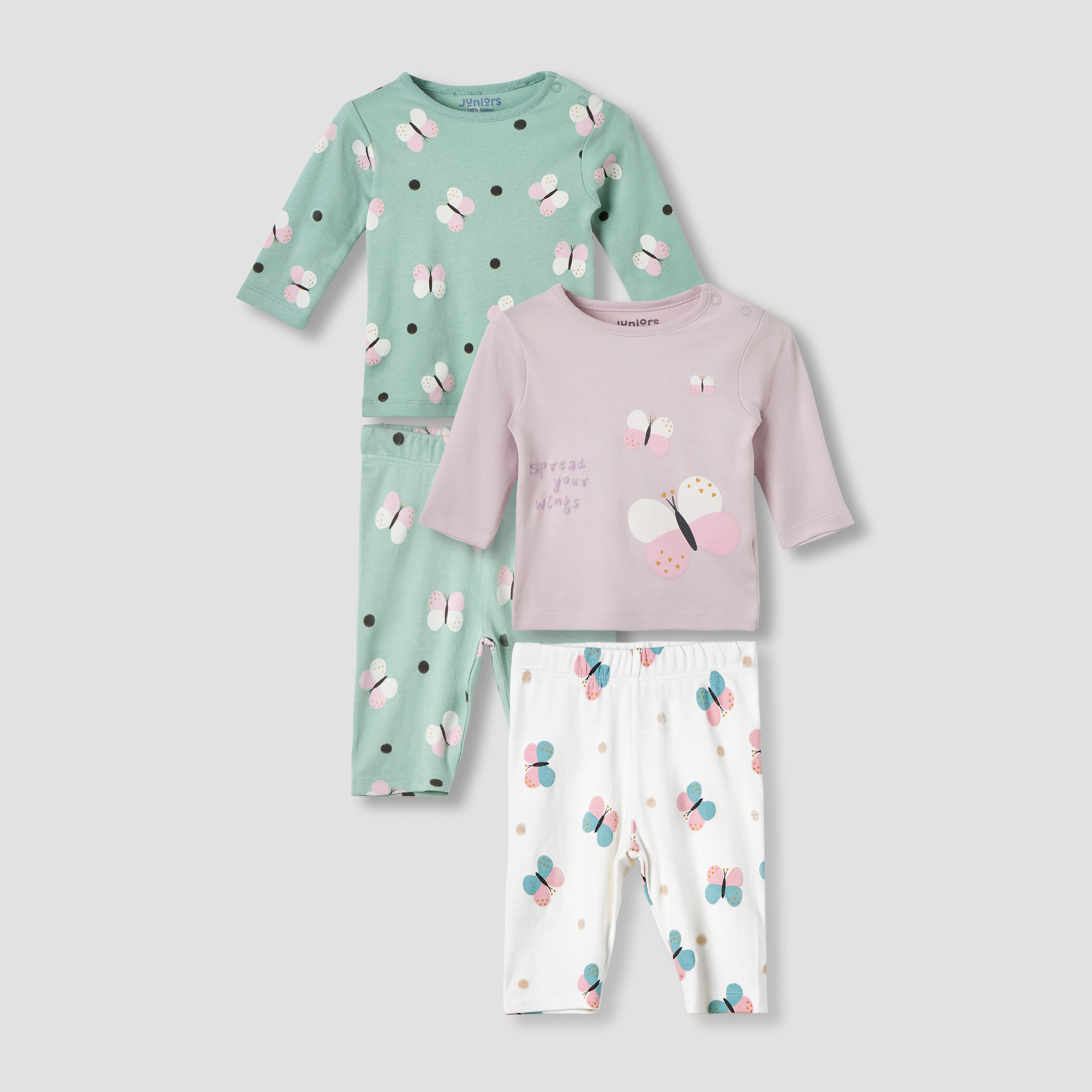 Set of 2 Juniors Cotton Round Neck Long Sleeve Pyjama Set with Butterfly Print-baby-girls-clothing-nightwear-pyjamasets-image-1