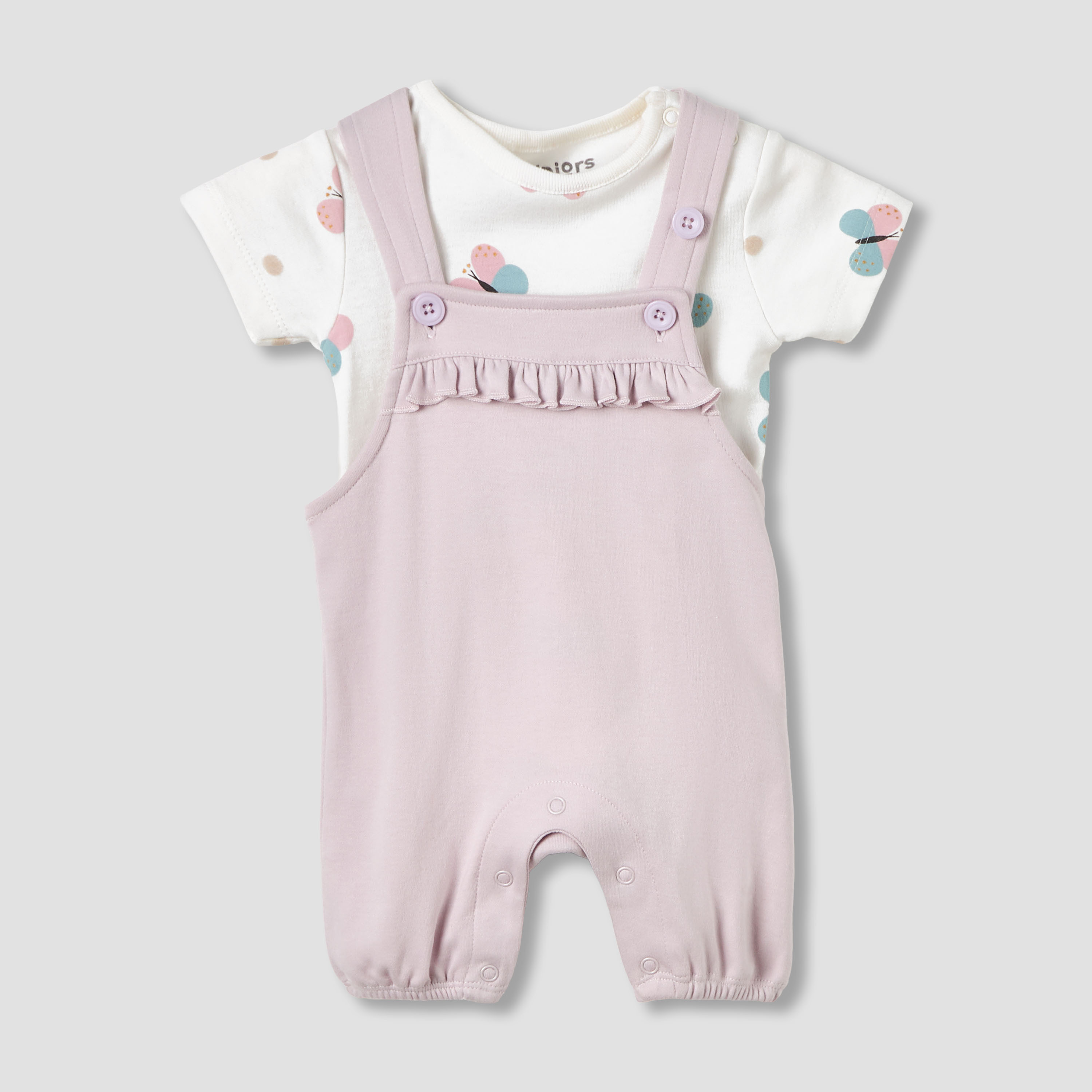 Juniors Round Neck Short Sleeves T-shirt and Dungaree Set with Butterfly Print-baby-girls-clothing-setsandcoords-image-1