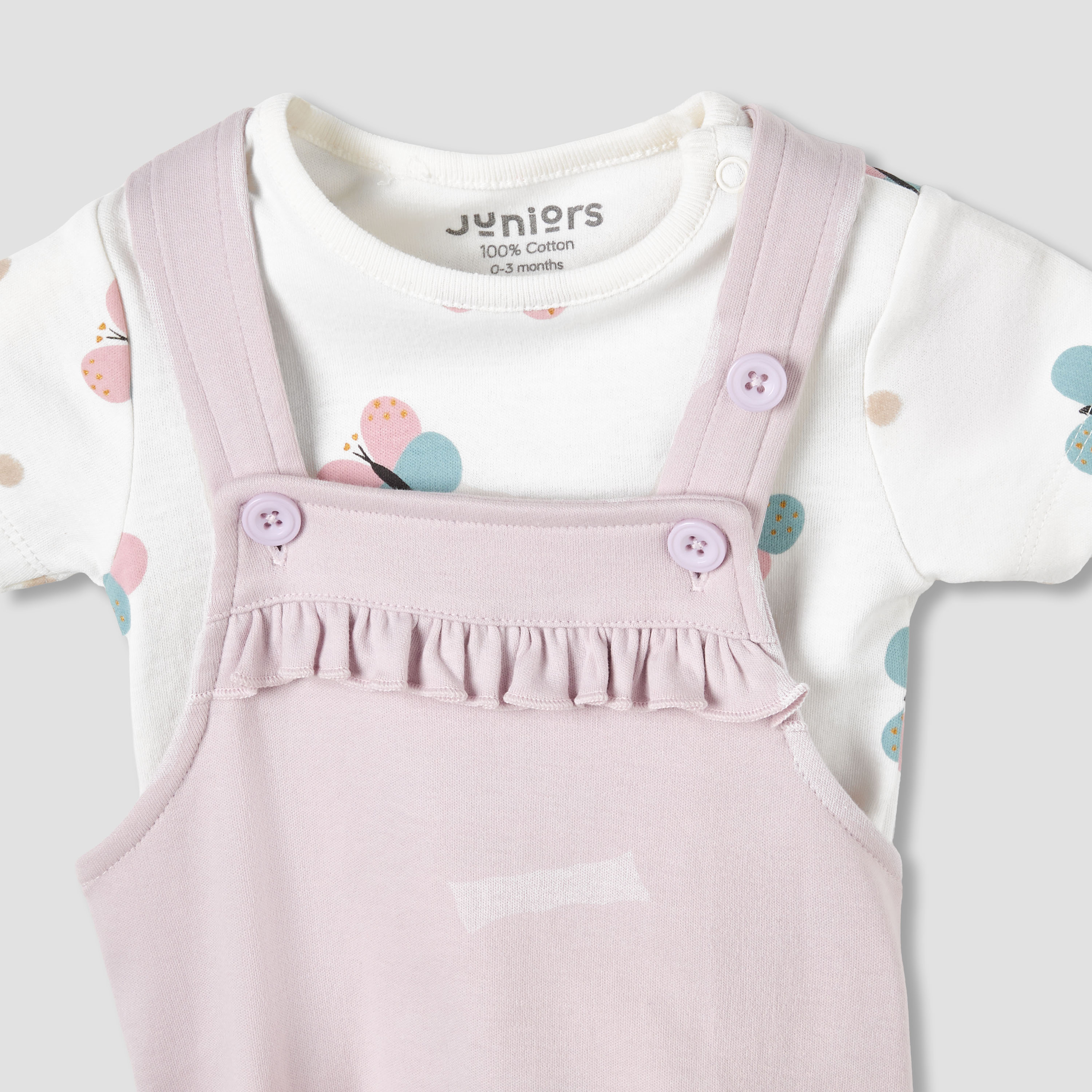 Juniors Round Neck Short Sleeves T-shirt and Dungaree Set with Butterfly Print-baby-girls-clothing-setsandcoords-image-4