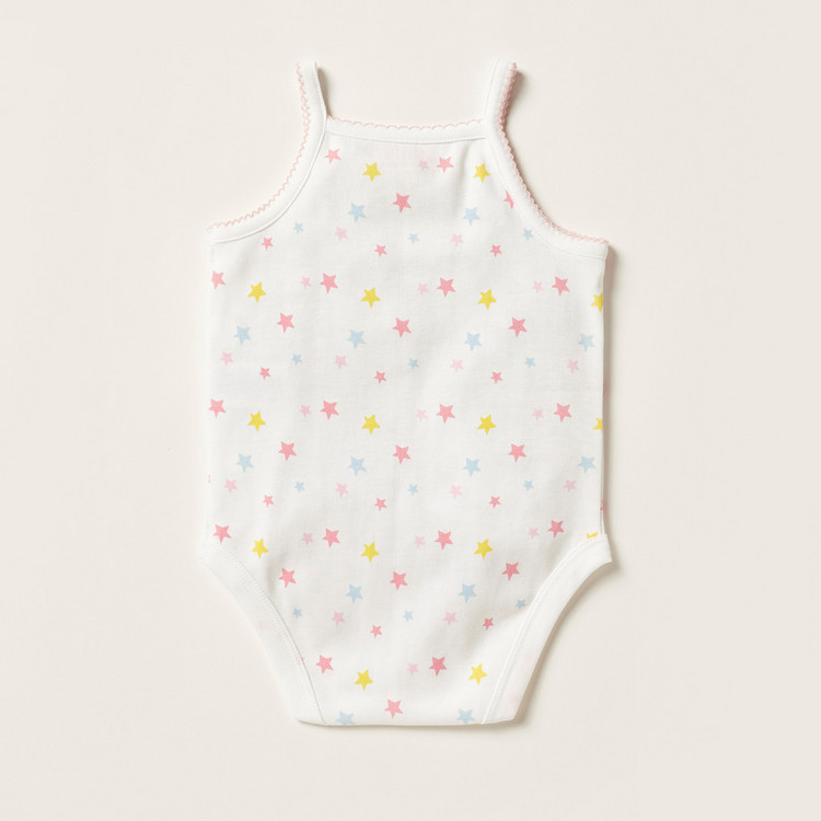Juniors Printed Sleeveless Bodysuit with Button Closure