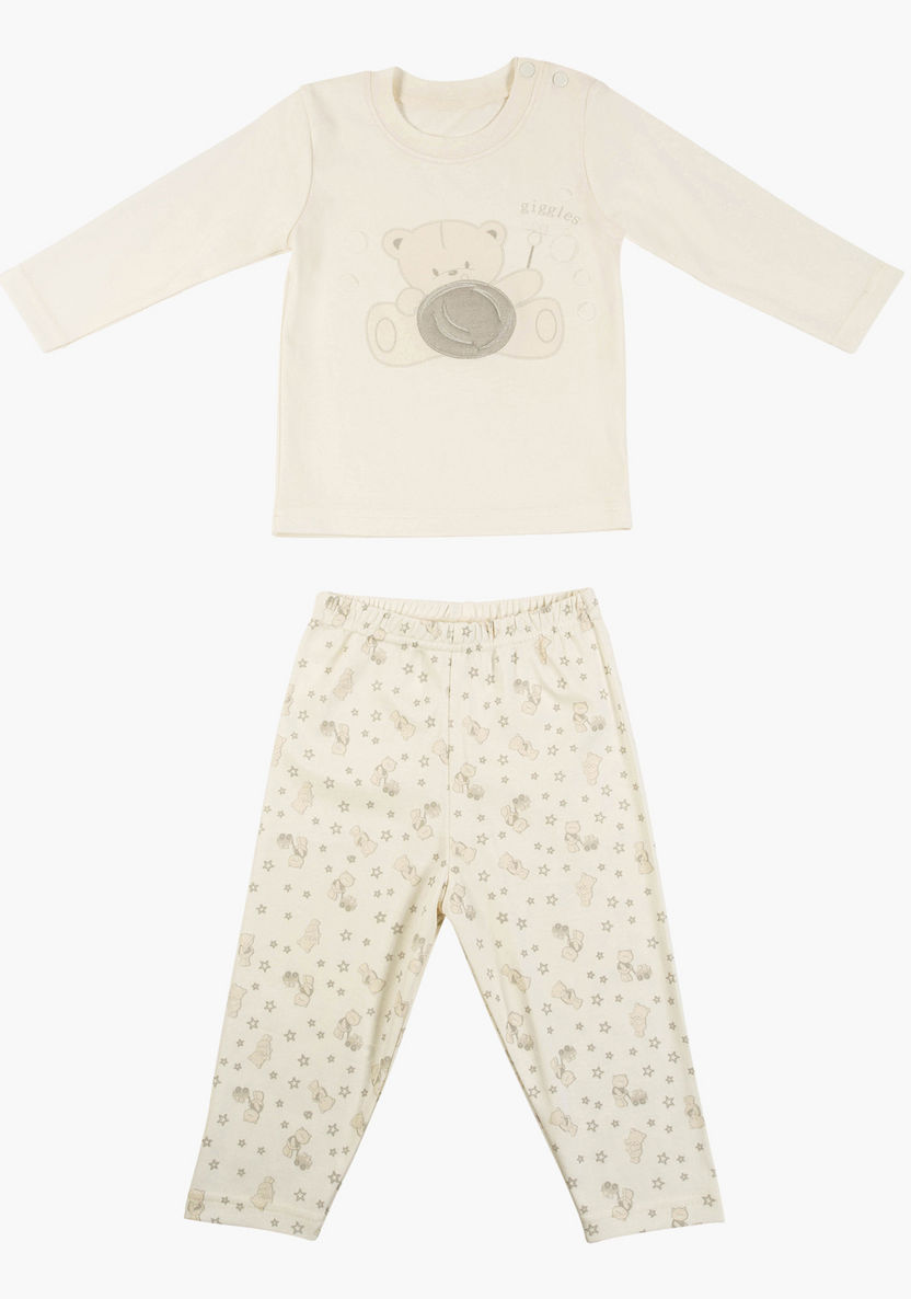 Giggles Bear Print Long Sleeves T-shirt and Pyjama Set-Pyjama Sets-image-0