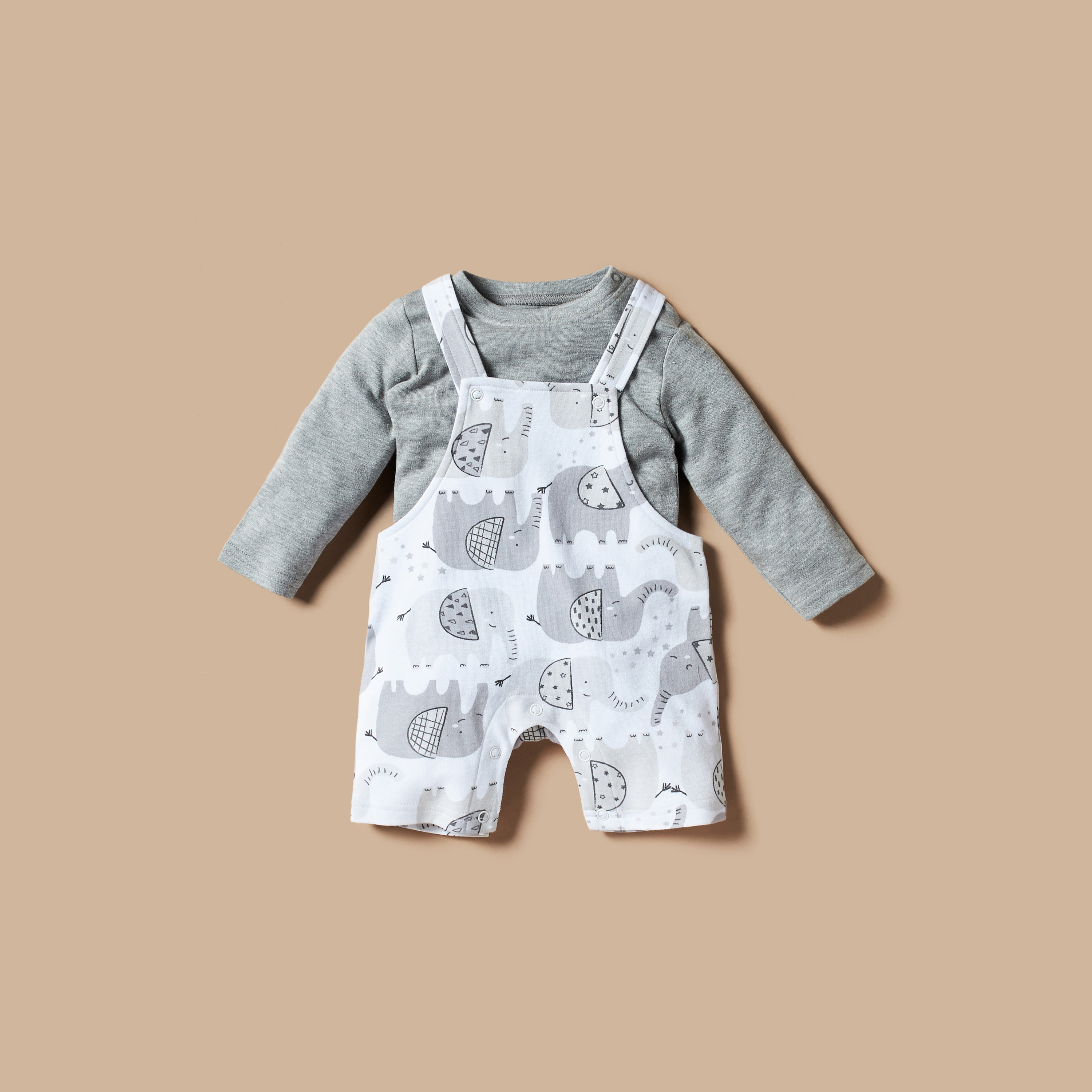 طقم دنغري بطبعات فيل وتيشيرت سادة من جونيورز-baby-boys-clothing-rompers-image-1