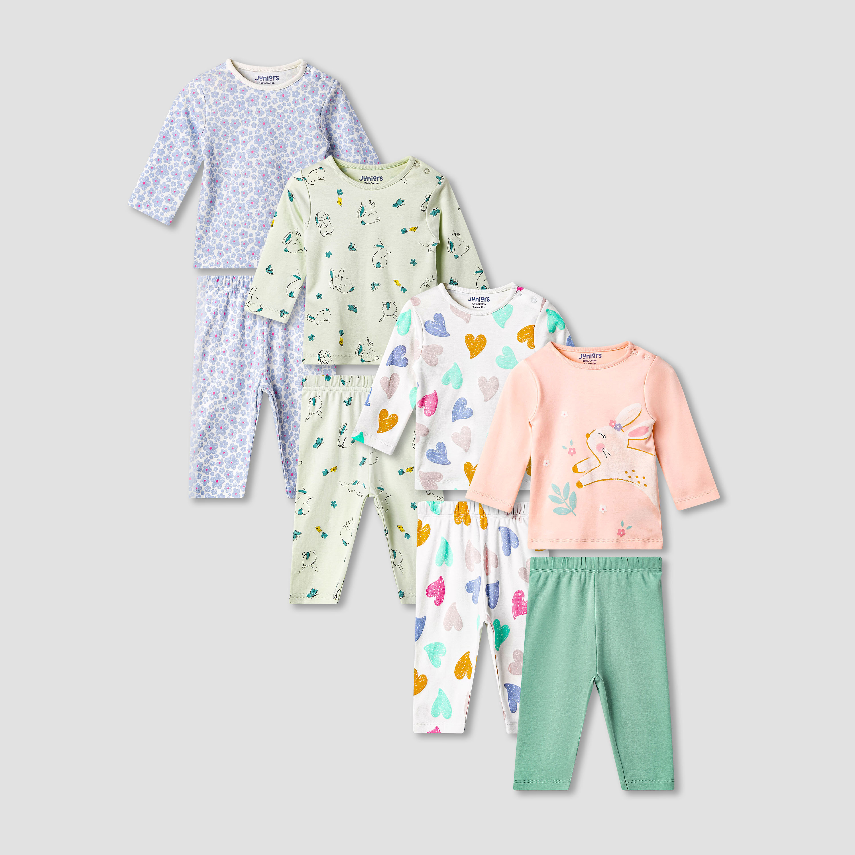 Juniors Pyjama Set with Fun Print - Soft Cotton - Long Sleeves - Round Neck - Set of 4-baby-girls-clothing-nightwear-pyjamasets-image-1