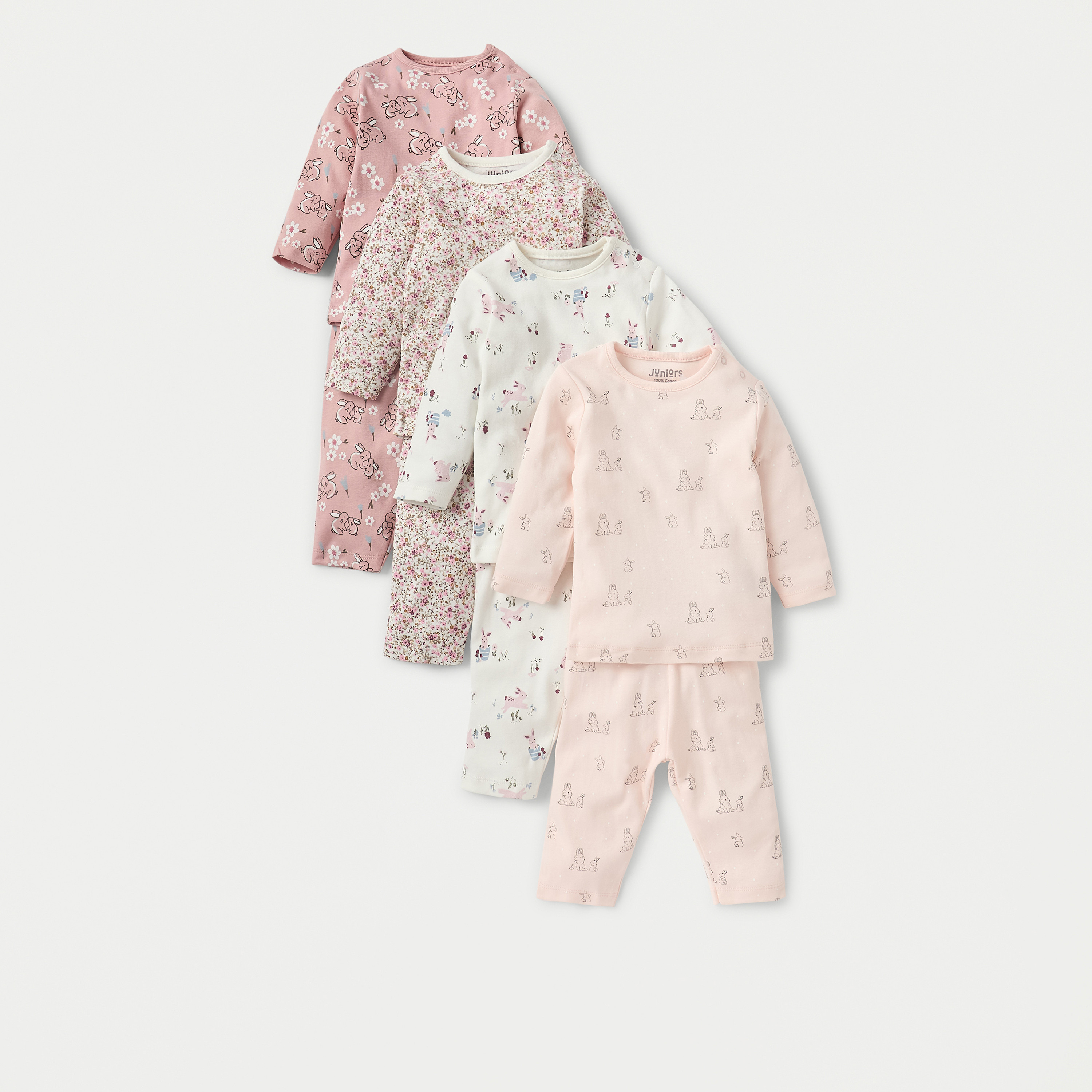 بنطلون بيجاما وتيشيرت بطبعات وأكمام طويلة من جونيورز - مجموعة من 4 أطقم-baby-girls-clothing-setsandcoords-image-1