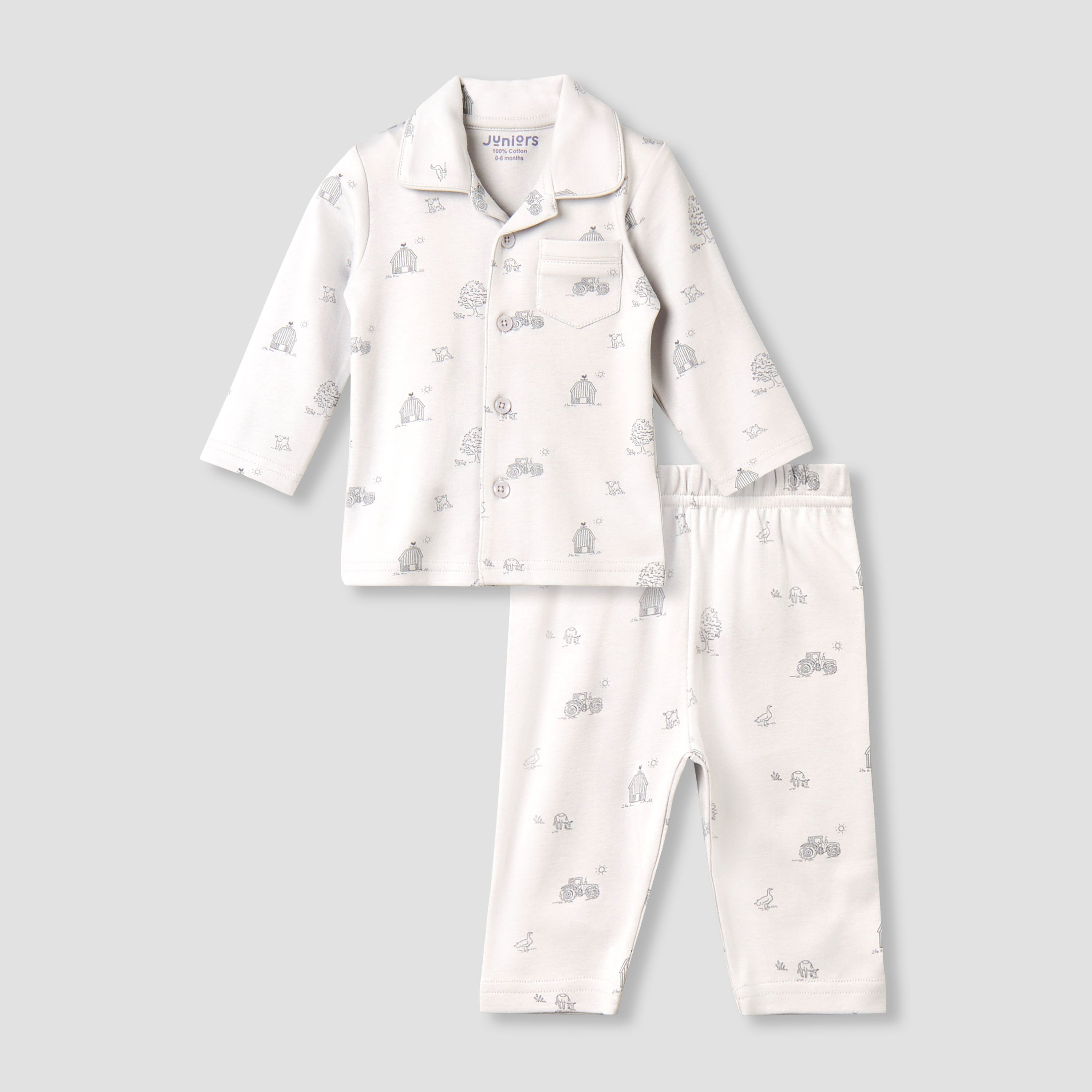 Juniors Cotton Collared Long Sleeves Pyjama Set with Barnyard Print-baby-boys-clothing-nightwear-pyjamasets-image-1