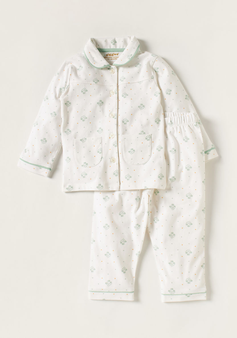 Giggles Floral Print Long Sleeves Shirt and Pyjama Set-Pyjama Sets-image-0