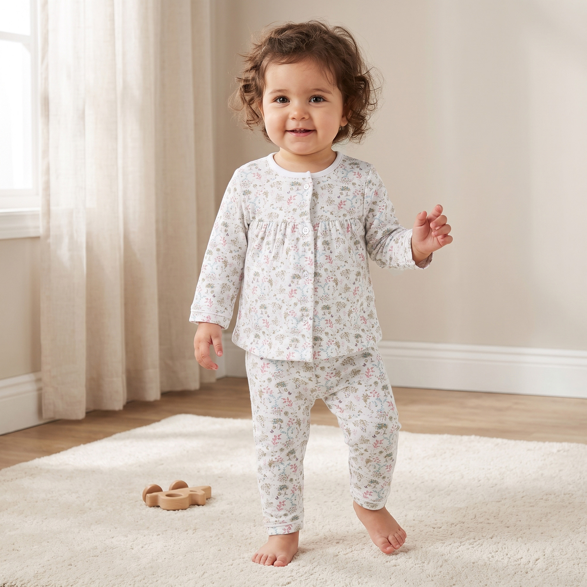 طقم بيجاما بأكمام طويلة وياقة بطبعات زهور من جيجلز-baby-girls-clothing-nightwear-pyjamasets-image-1