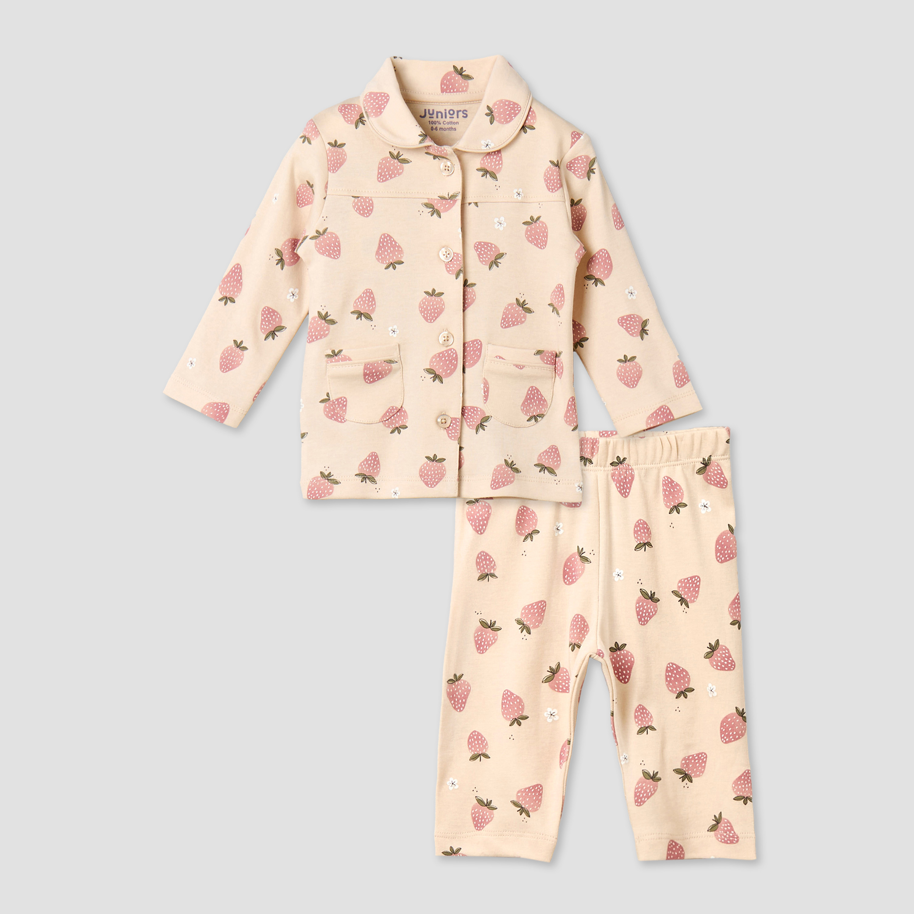 Juniors Cotton Collared Long Sleeves Pyjama Set with Strawberry Print-baby-girls-clothing-nightwear-pyjamasets-image-2