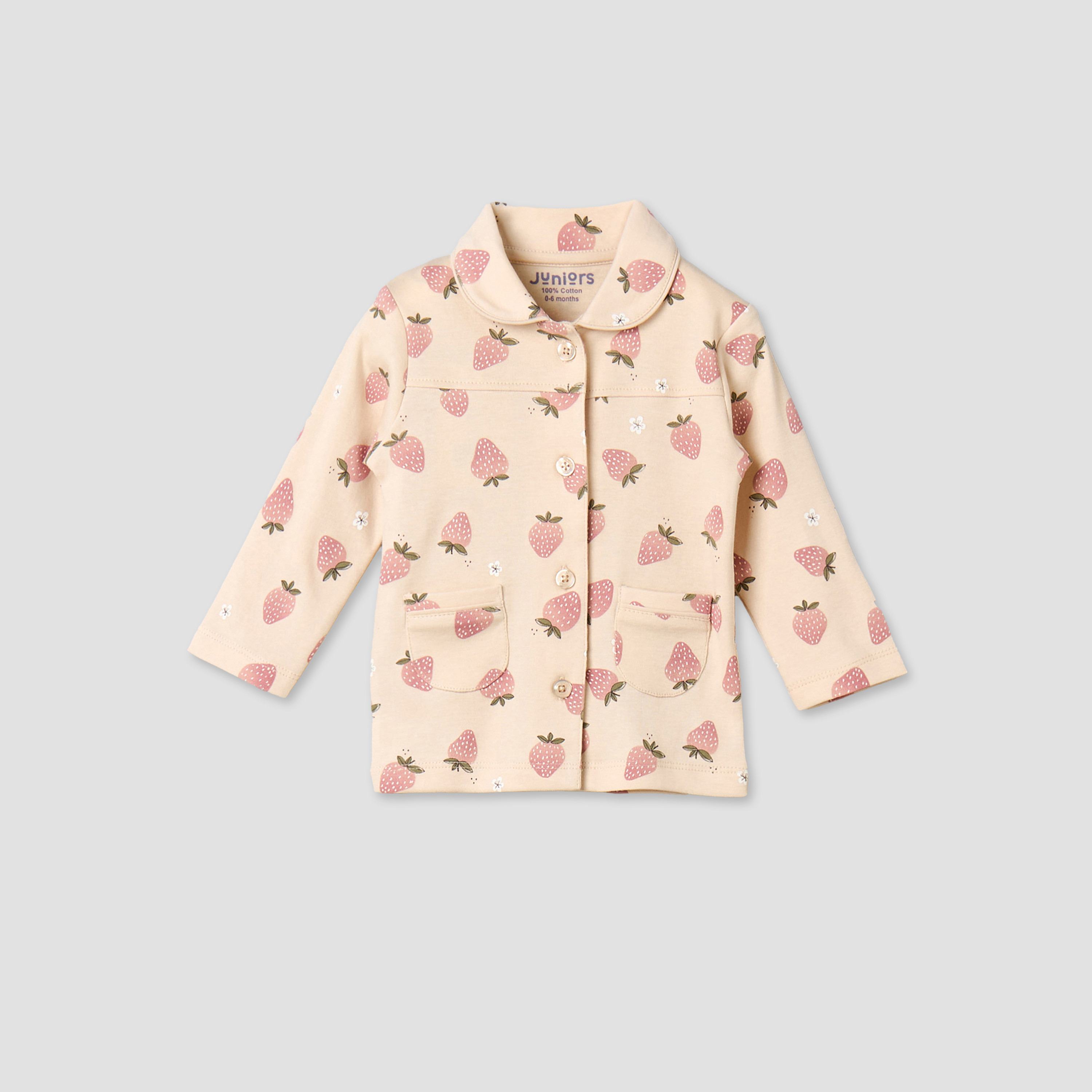 Juniors Cotton Collared Long Sleeves Pyjama Set with Strawberry Print-baby-girls-clothing-nightwear-pyjamasets-image-3