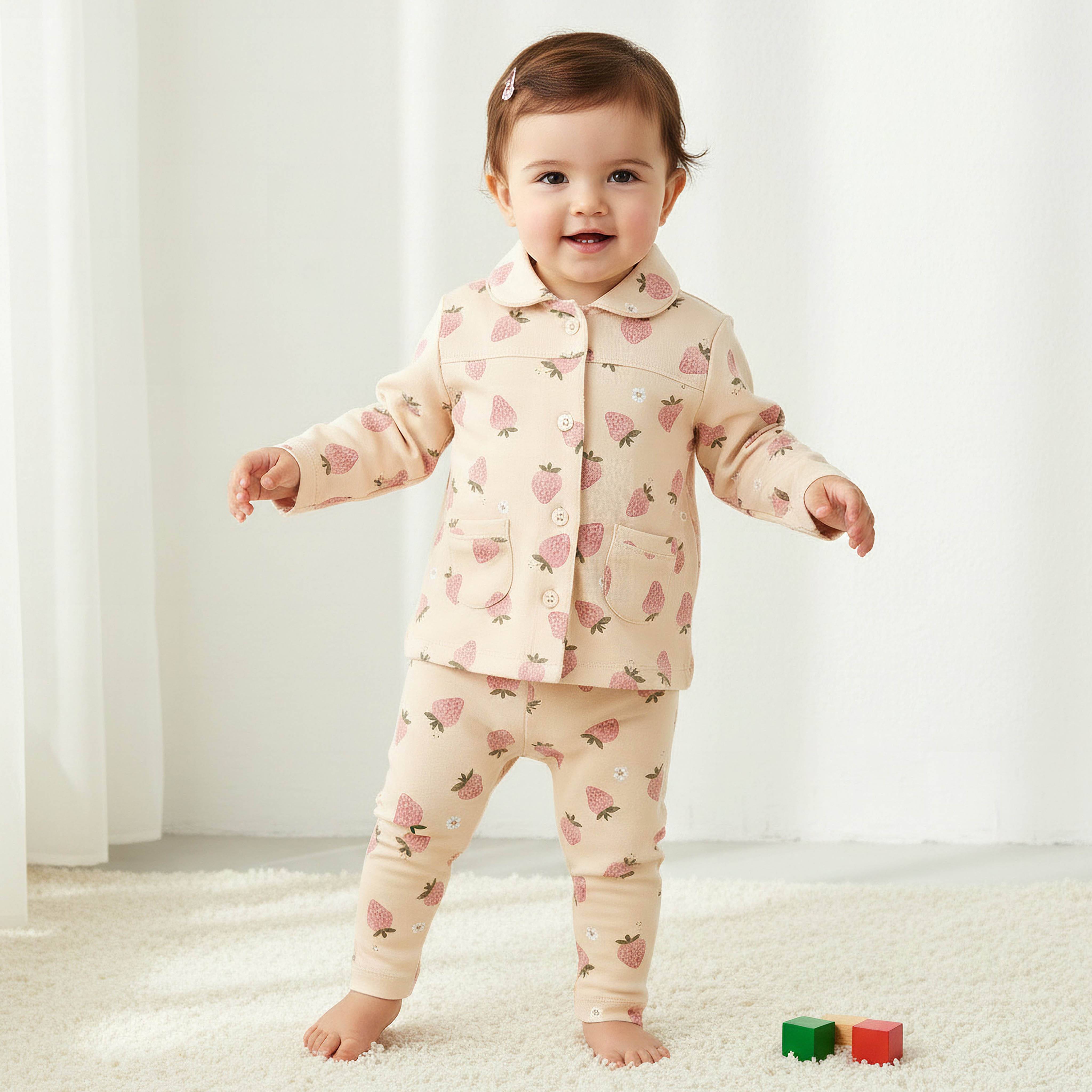 Juniors Cotton Collared Long Sleeves Pyjama Set with Strawberry Print-baby-girls-clothing-nightwear-pyjamasets-image-1