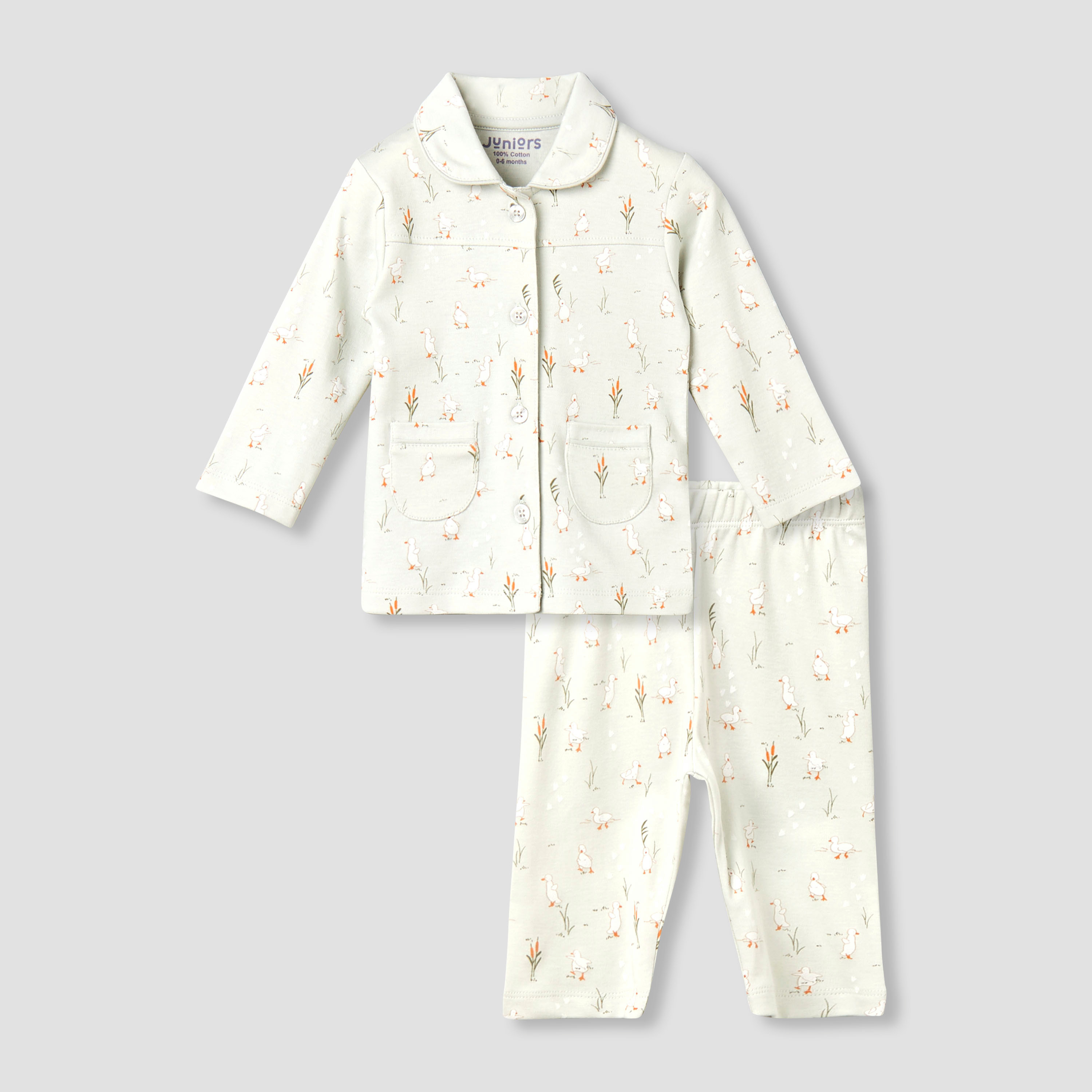 Juniors Cotton Collared Long Sleeves Pyjama Set with Duck Print-baby-girls-clothing-nightwear-pyjamasets-image-1