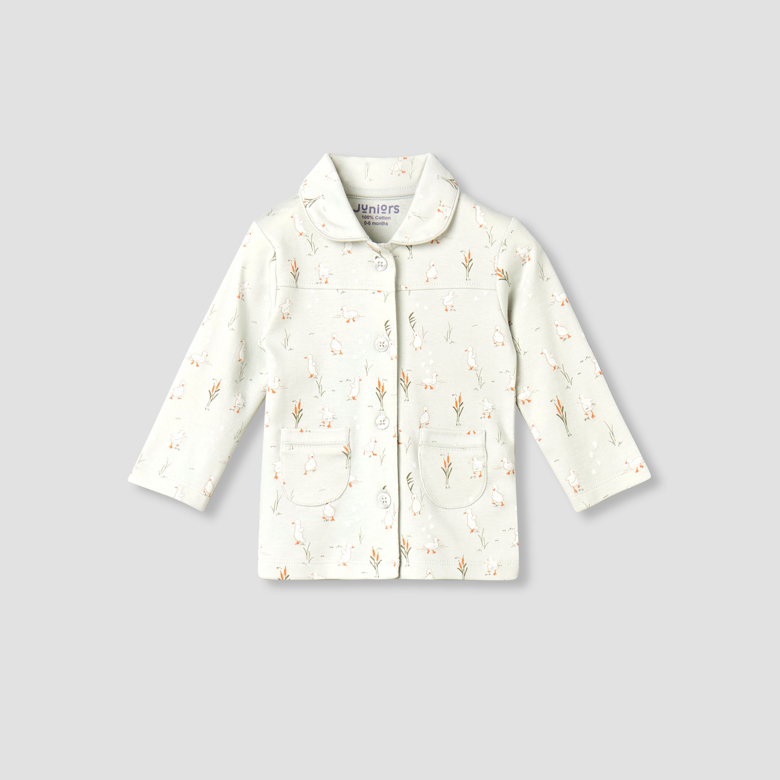 Juniors Cotton Collared Long Sleeves Pyjama Set with Duck Print-baby-girls-clothing-nightwear-pyjamasets-image-2