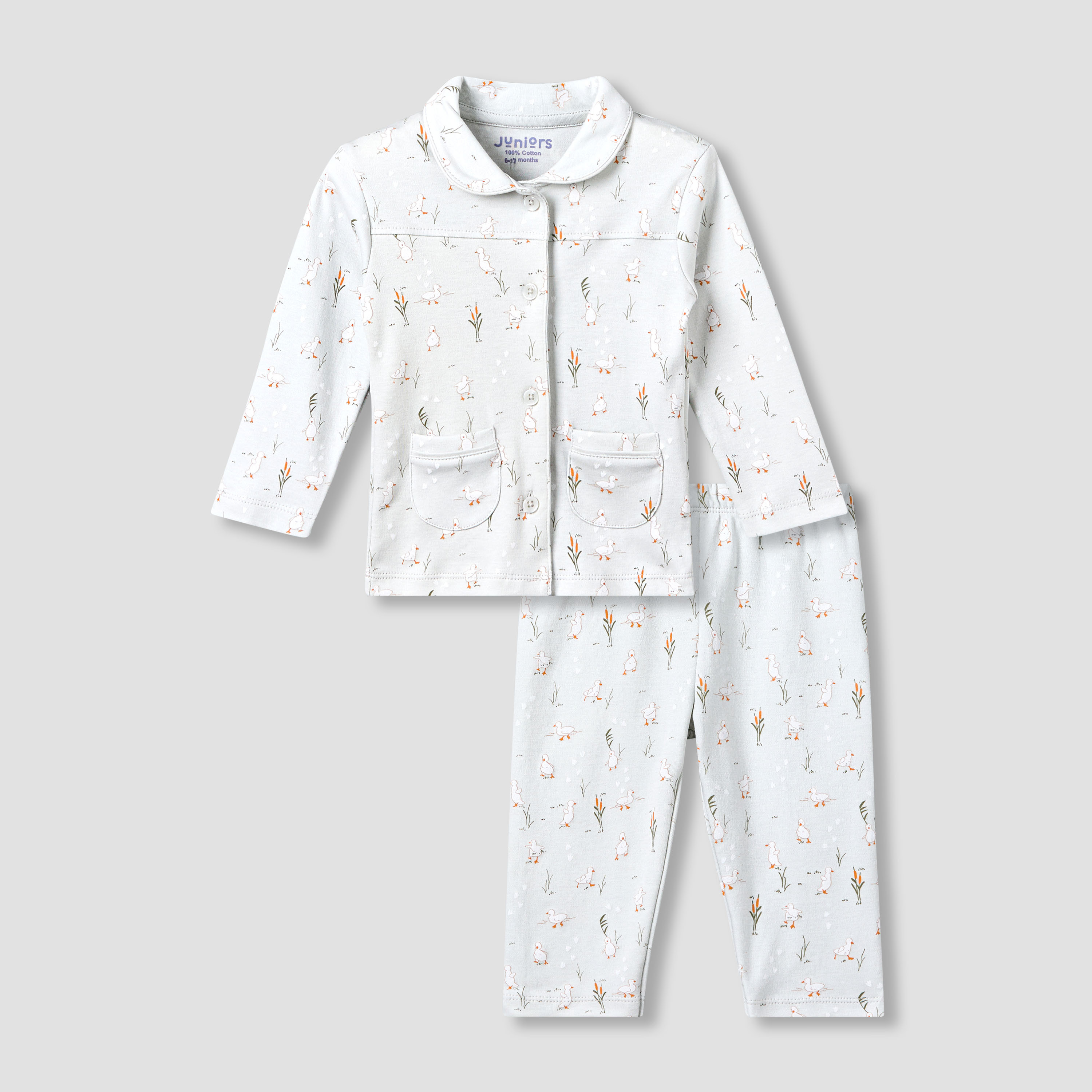 Juniors Cotton Collared Long Sleeves Pyjama Set with Duck Print-baby-girls-clothing-nightwear-pyjamasets-image-2