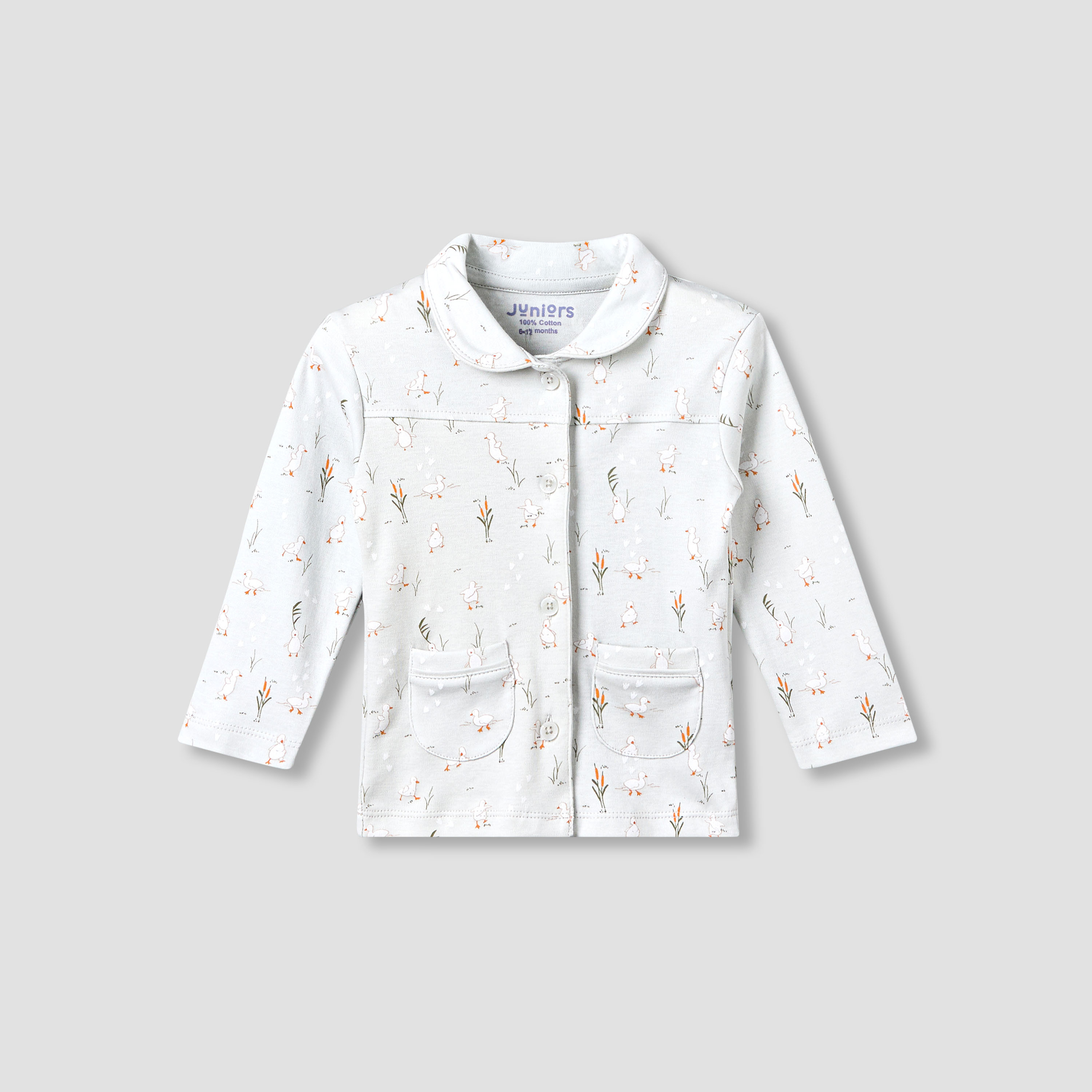 Juniors Cotton Collared Long Sleeves Pyjama Set with Duck Print-baby-girls-clothing-nightwear-pyjamasets-image-3