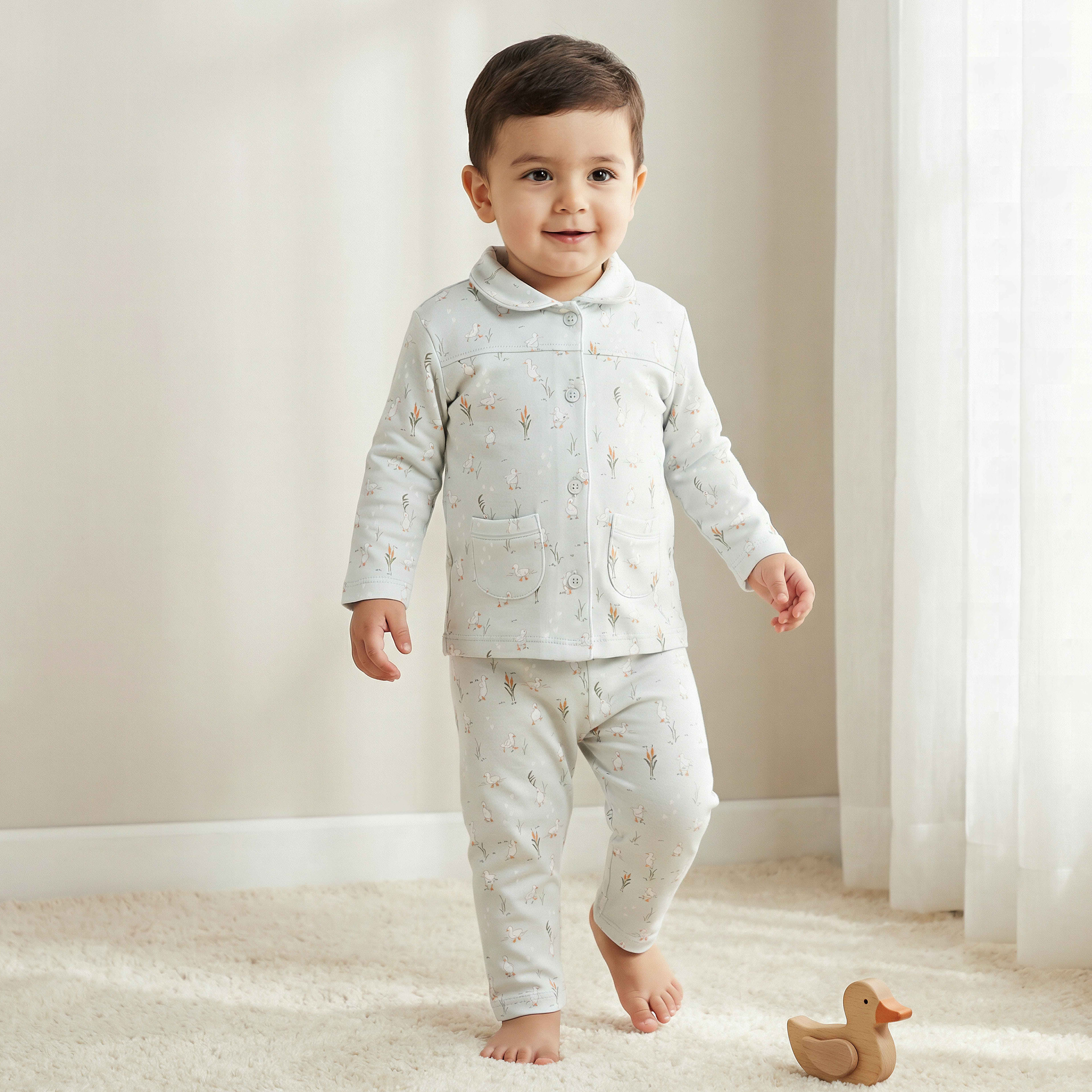 Juniors Cotton Collared Long Sleeves Pyjama Set with Duck Print-baby-girls-clothing-nightwear-pyjamasets-image-1