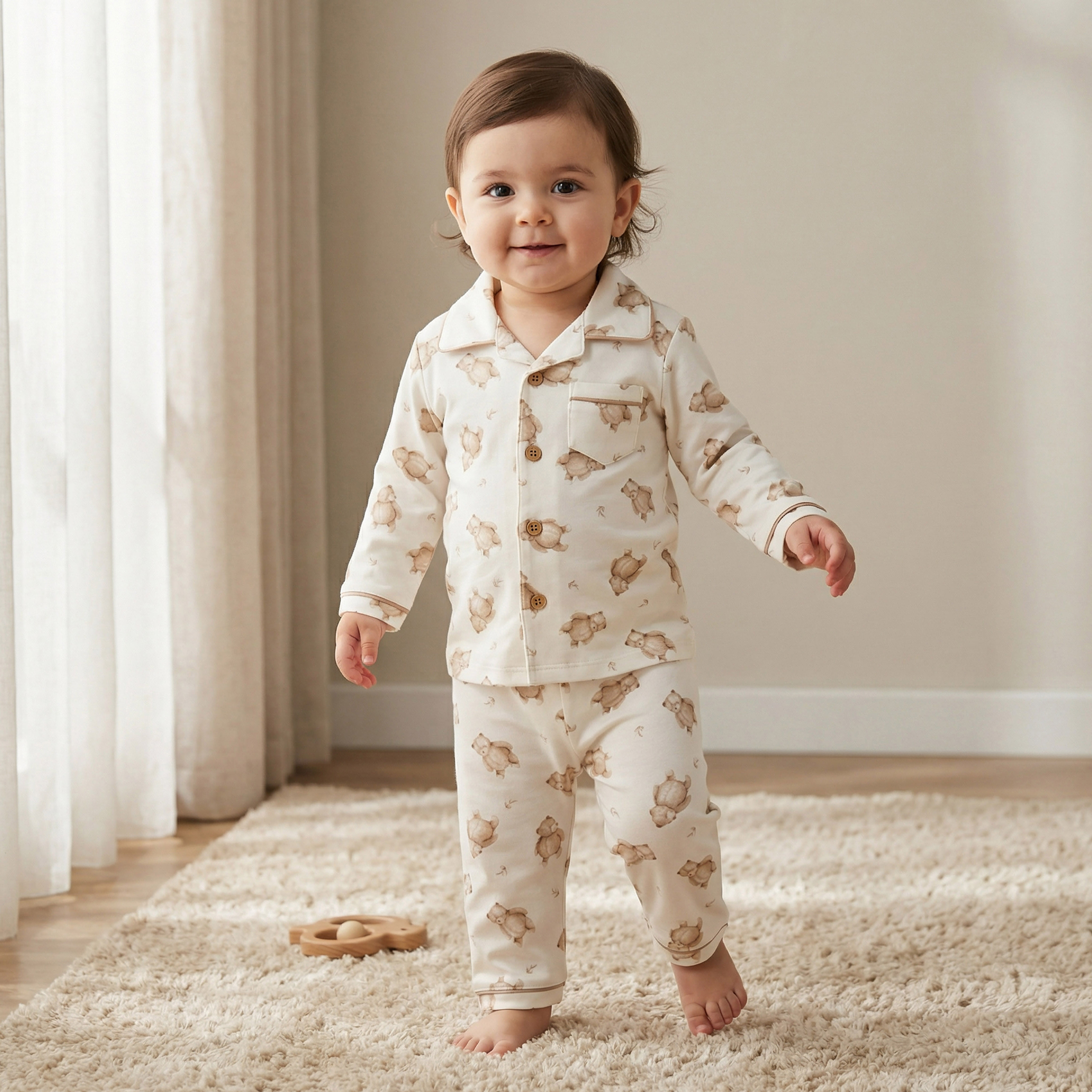 Giggles Cotton Collared Long Sleeves Pyjama Set with Teddy Bear Print-baby-boys-clothing-nightwear-pyjamasets-image-2