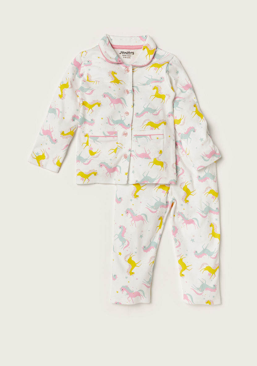 Juniors Unicorn Print Long Sleeve Shirt and Pyjama Set-Pyjama Sets-image-0