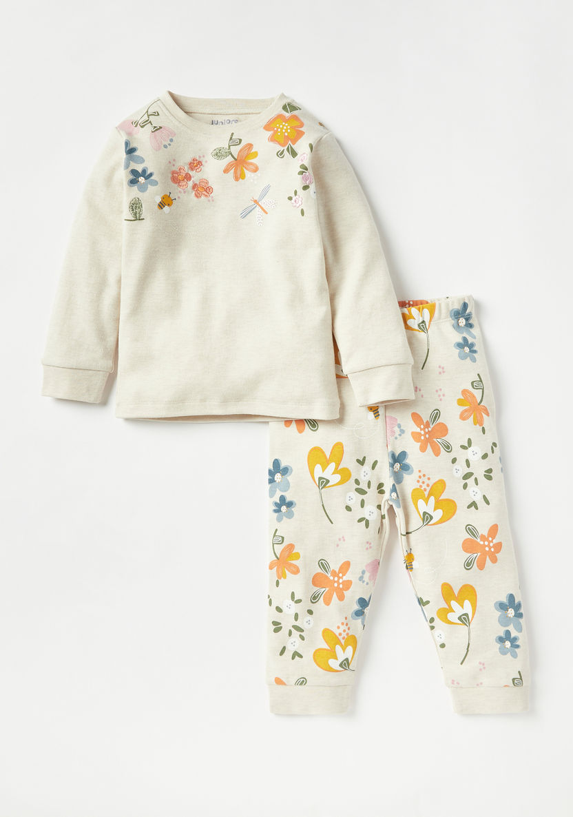 Juniors Floral Print Long Sleeves T-shirt and Pyjama Set-Pyjama Sets-image-0